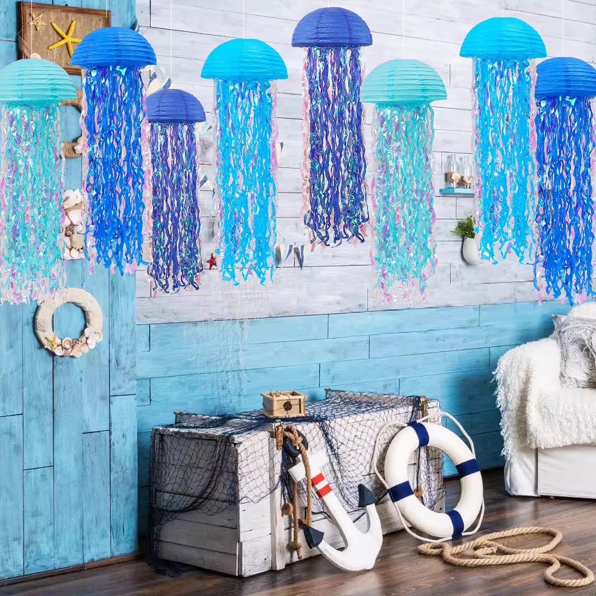 Yunxuan Mermaid Party Decorations, Jellyfish Paper Lanterns Blue Hanging Lantern For Mermaid Baby Shower Under The Sea Ocean Blu