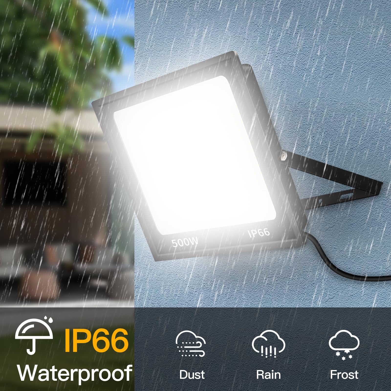 SHGPODA 500W LED Flood Light, 60000LM, IP66 Waterproof, 10ft Cord, Black, 5000K for Outdoor Sports, Garden, Stadium
