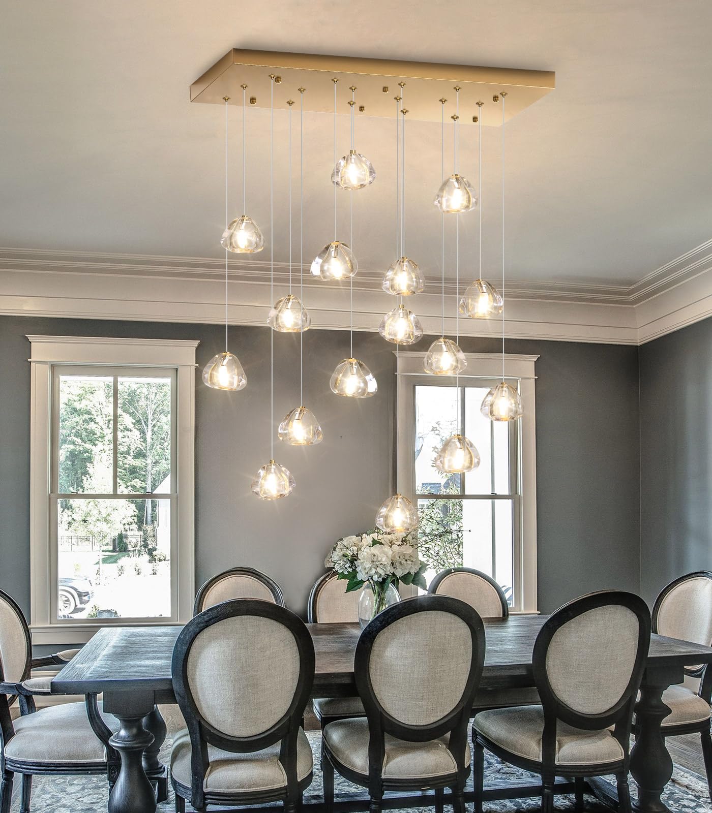 HAIXIANG Rectangular Glam Chandelier, 16 Lights, Dimmable, Antique Gold, Model MMQ9025, High Ceiling Bubble Crystal Pendant Light