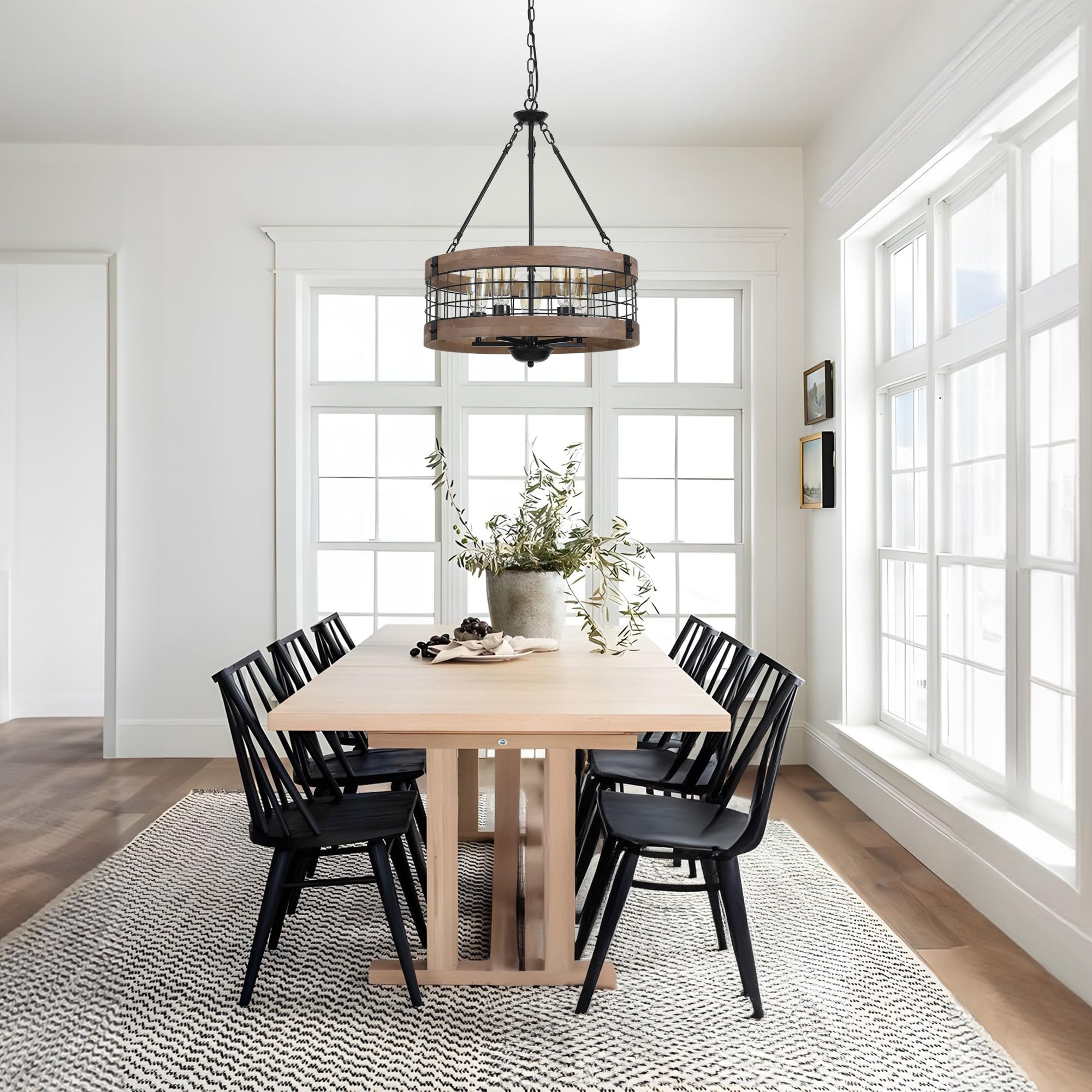 LamQee 19" 5-Light Farmhouse Chandelier - Adjustable Height, Wood & Black Metal Shade, Rustic Pendant Lighting for Dining Room, Kitchen, Foyer