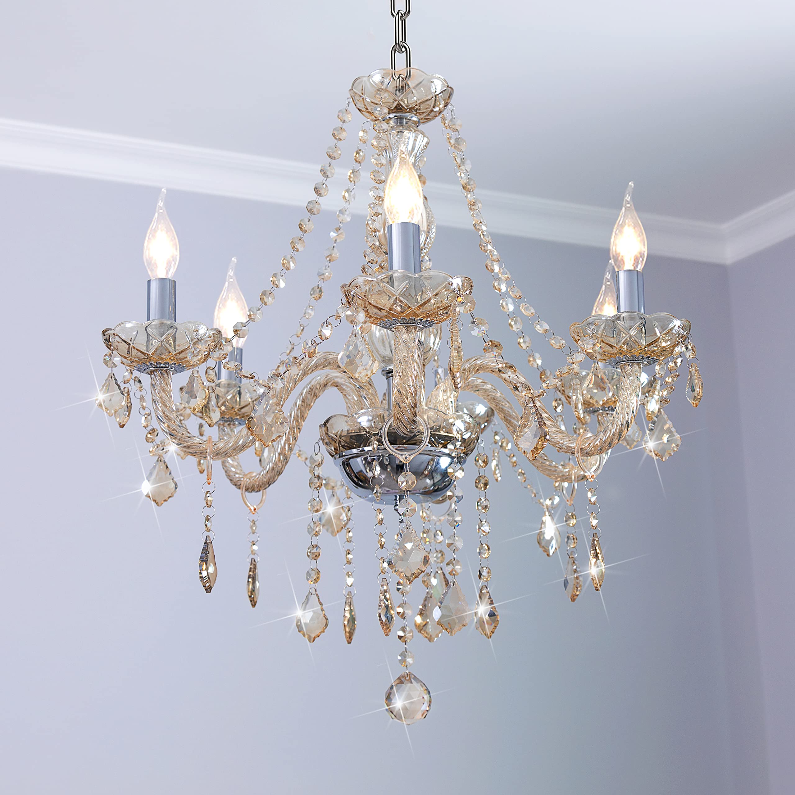 CRYSTOP Crystal Chandeliers for Dining Room, 6-Lights Classic Cognac Pendant Light, Vintage Chandelairs for Bedroom, Candle Ceil