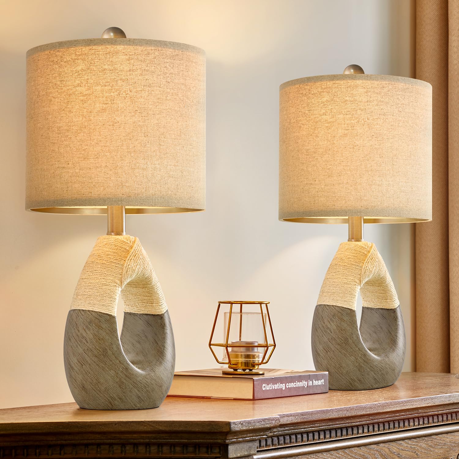 OYEARS 19Boho Table Lamps Bedroom Living Room Set 2,Suitable for Small Space,Small Farmhouse RattanTable Lamp Rustic Egg Design 