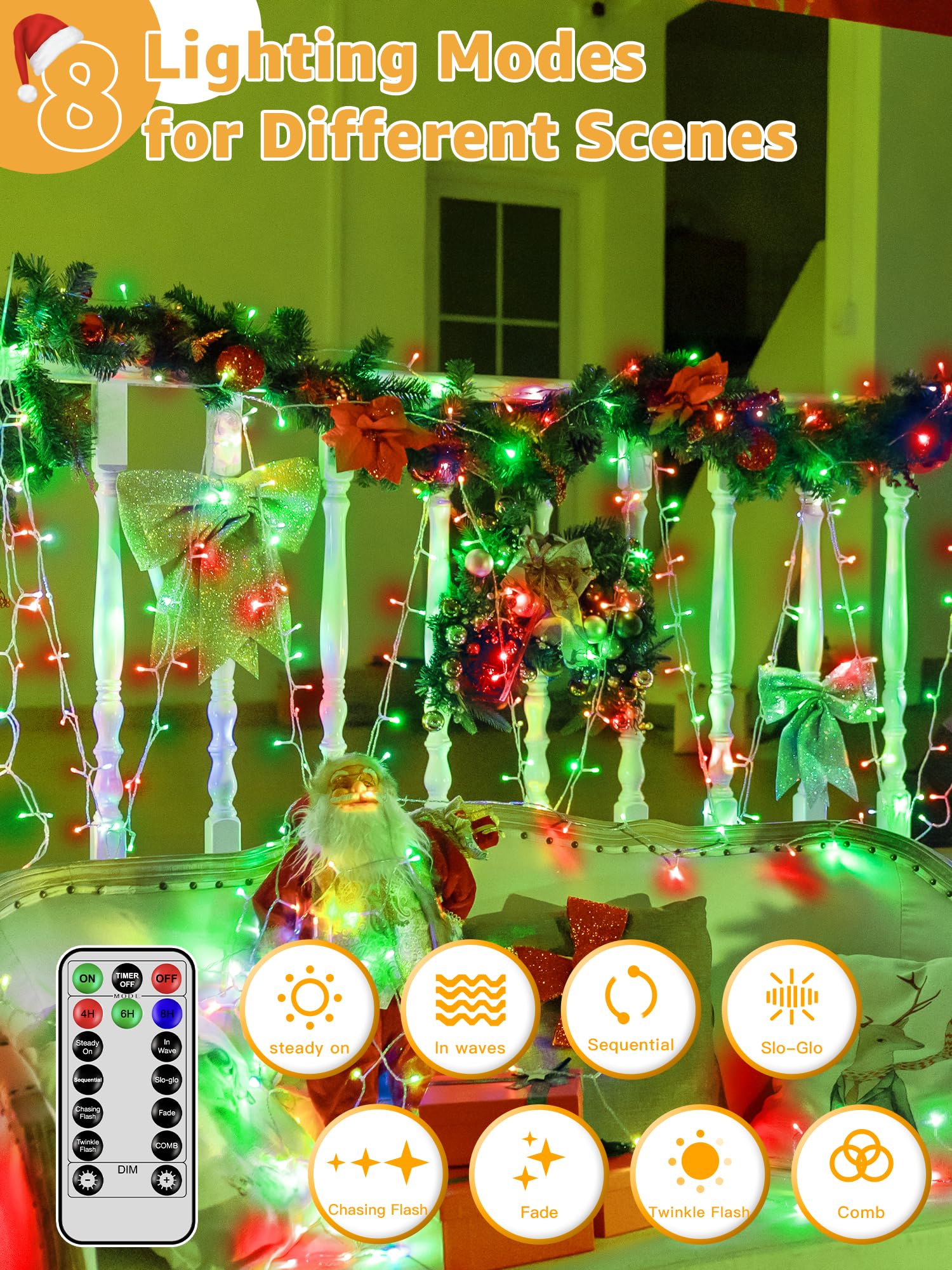 Guhope 600 LED Christmas String Lights - 98FT Waterproof Remote & Timer, Dimmable Fairy Lights for Indoor/Outdoor Red and Green Decorations