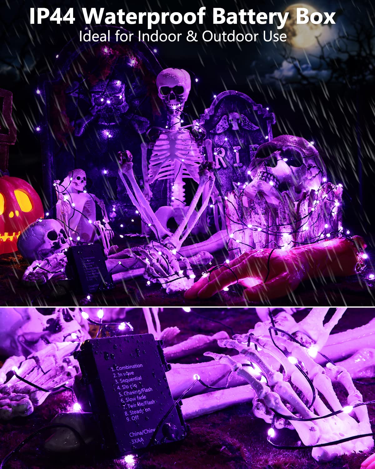 Brizled Purple Halloween Lights, 2 Pack 17.38Ft 50 Led Battery Powered Halloween String Lights With Timer, 8 Modes Halloween Fai
