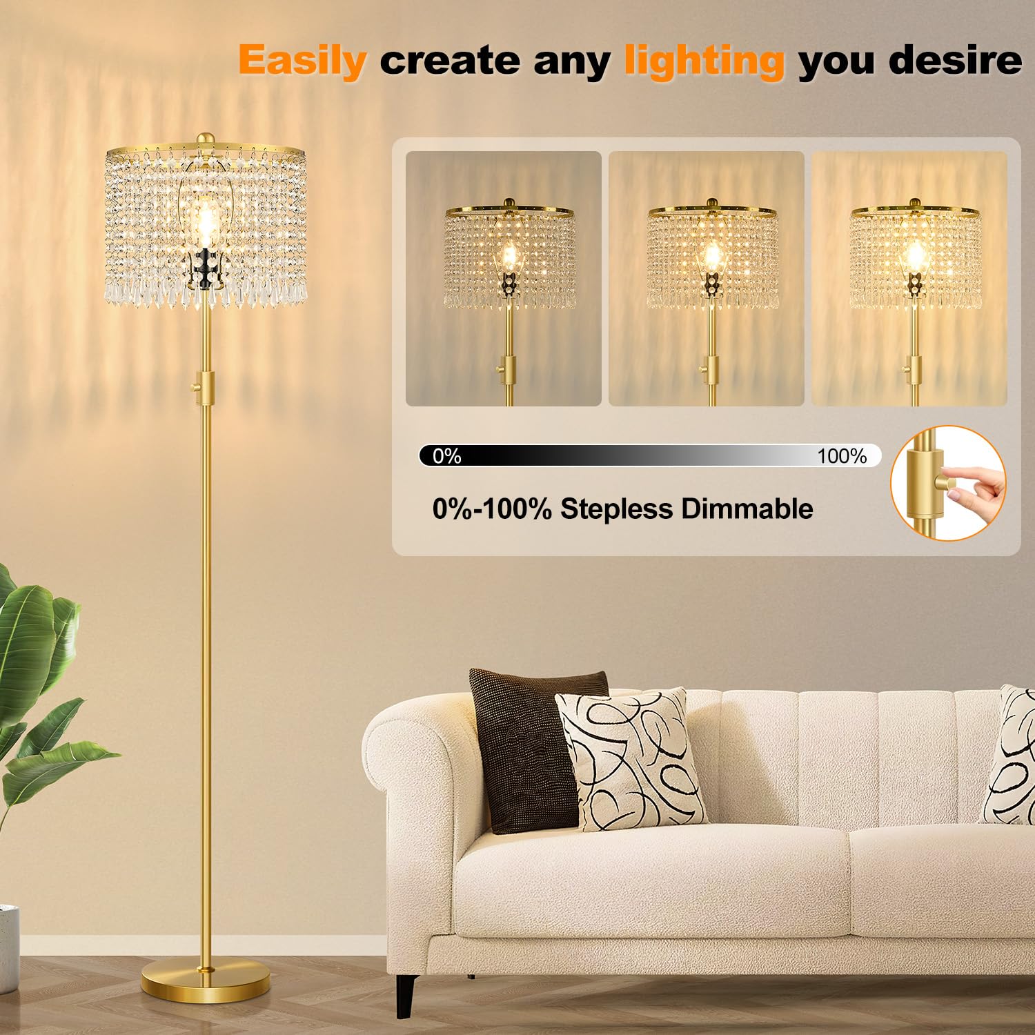 Yemela Dimmable Floor Lamp with 1000LM LED Bulb, Brushed Gold, Tall Standing Light for Living Room, Model YX066