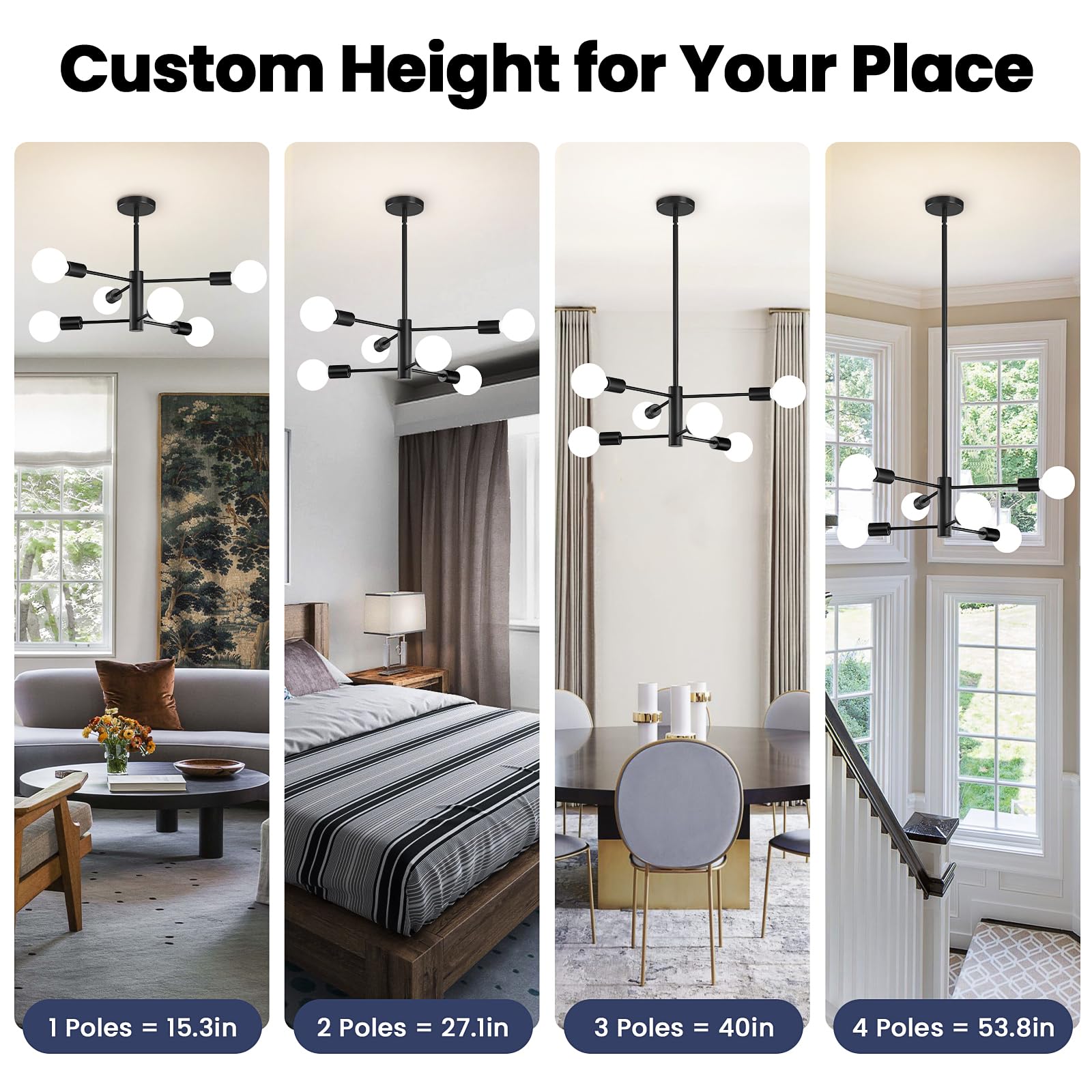 RUIYEY Modern Sputnik Chandelier, 6-Light Black Ceiling Fixture for Dining Room, Adjustable Height Farmhouse Lighting