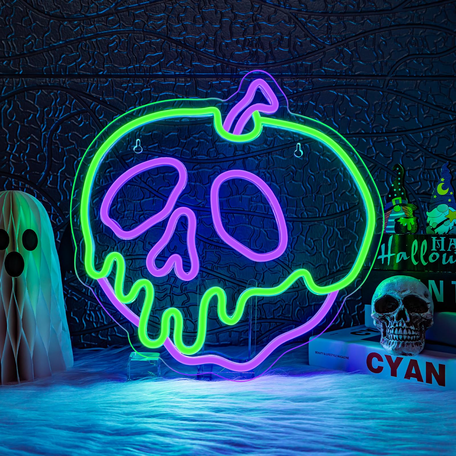 WLHOPE Halloween Neon Sign, Dimmable Skull Apple Light, 12.6in x 12.6in, USB Powered, Acrylic Wall Decor for Bedroom Bar Party