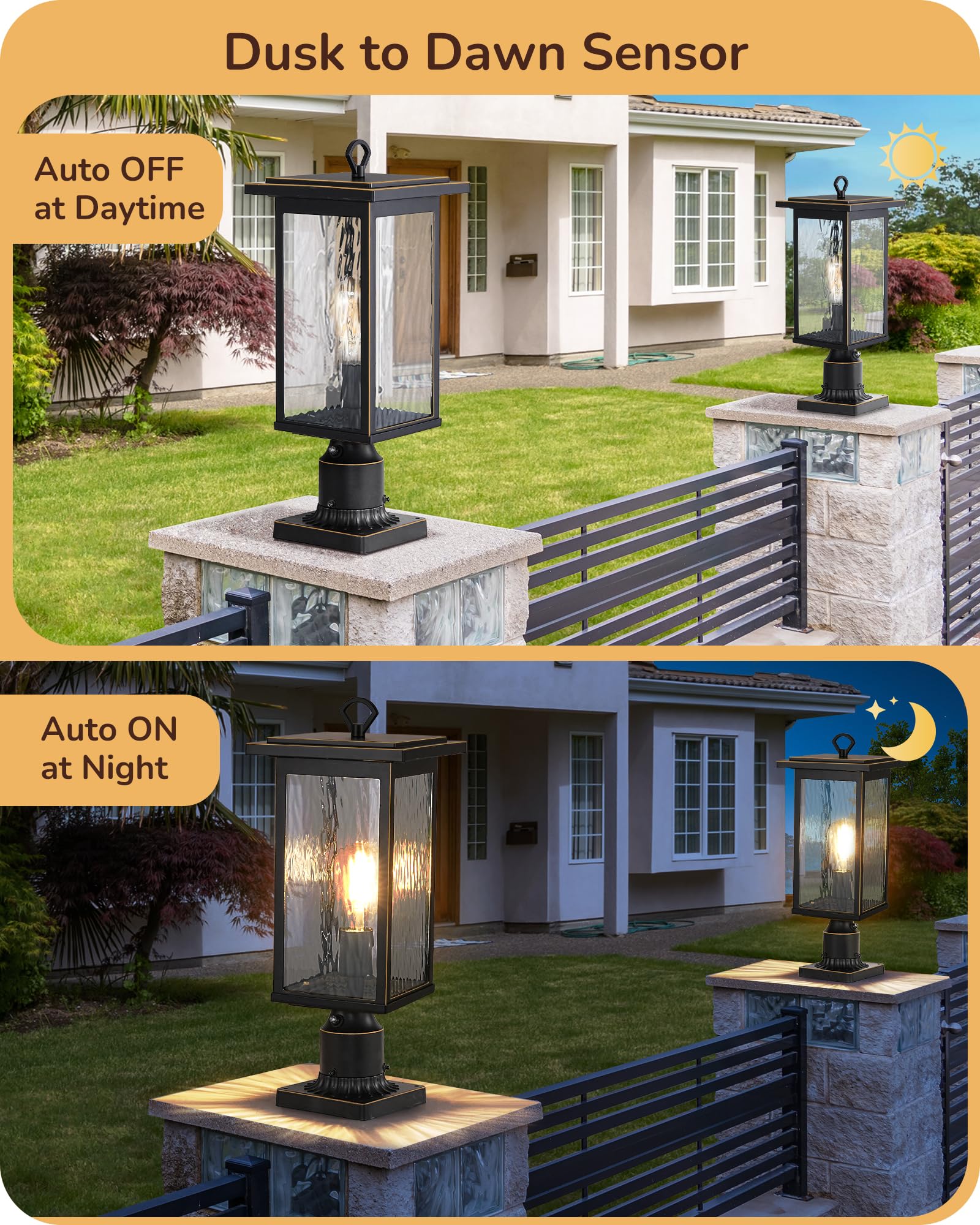 EDISHINE Large Dusk to Dawn Post Lights Outdoor, 19H Lamp Post Exterior Lighting with Pier Mount Base, Aluminum Pole Lantern H