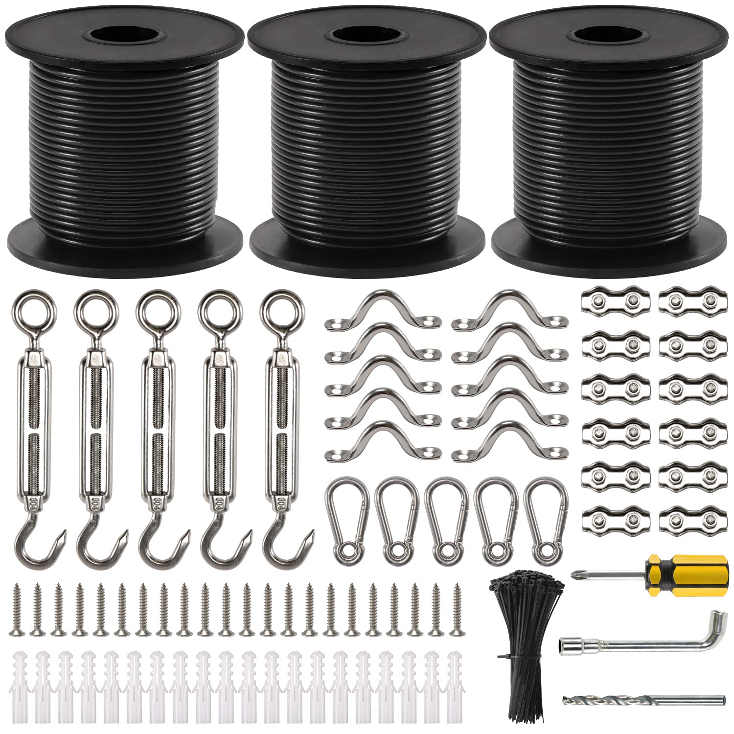 Guattine String Light Hanging Kit, 300 Ft Nylon Coated Stainless Steel Cable And Enough Accessories, Guide Wire For Outdoor String Lights, Patio Lights, Camping Lights