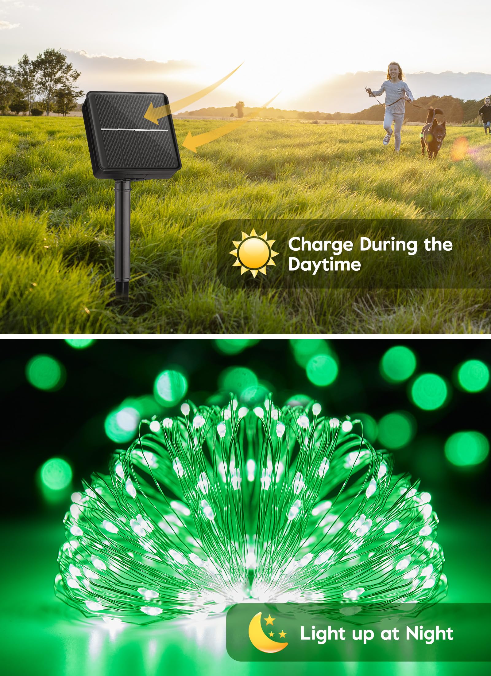 Minetom Solar String Lights For Outside, 33Ft 100 Led Outdoor Solar Fairy Lights, 8 Modes Balcony Lights For Tree Patio St Patricks Day Decorations(Green)