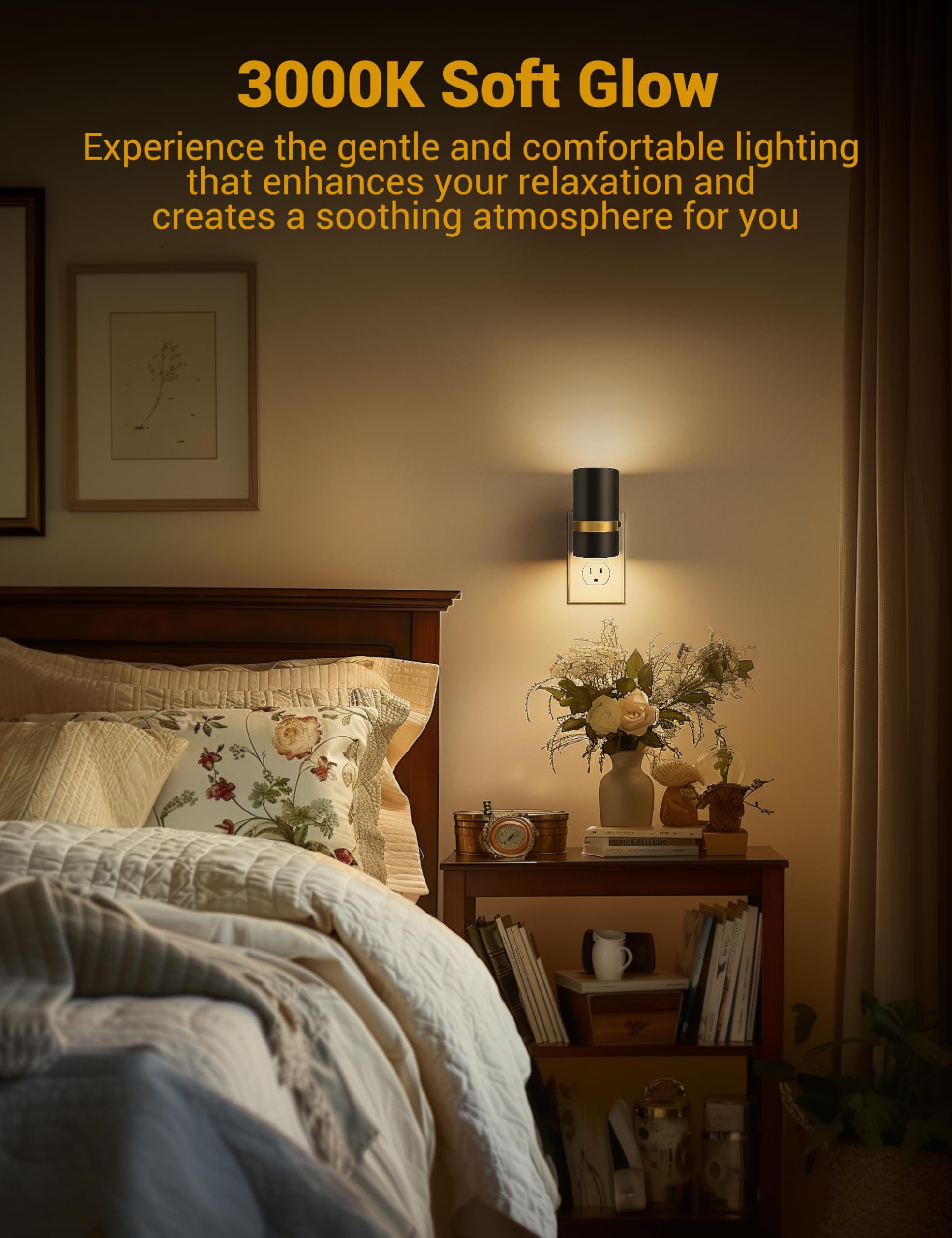 Fulighture Night Light Plug-in, Adjustable Brightness 0-100LM, Dusk to Dawn Sensor, Soft White, 2 Count, Black, Model GY136