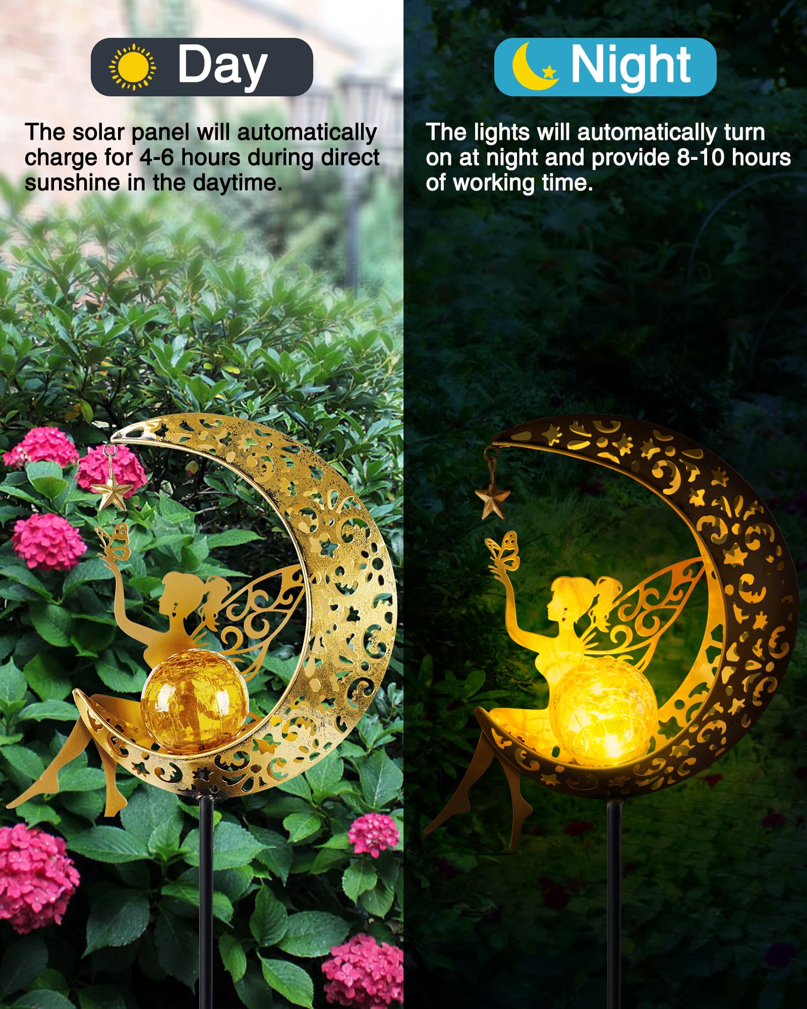 Vuees Solar Garden Statues Outdoor Decor, Fairy Moon Figurine Light Stake, Housewarming Ornament For Patio, Lawn, Yard, Pathway