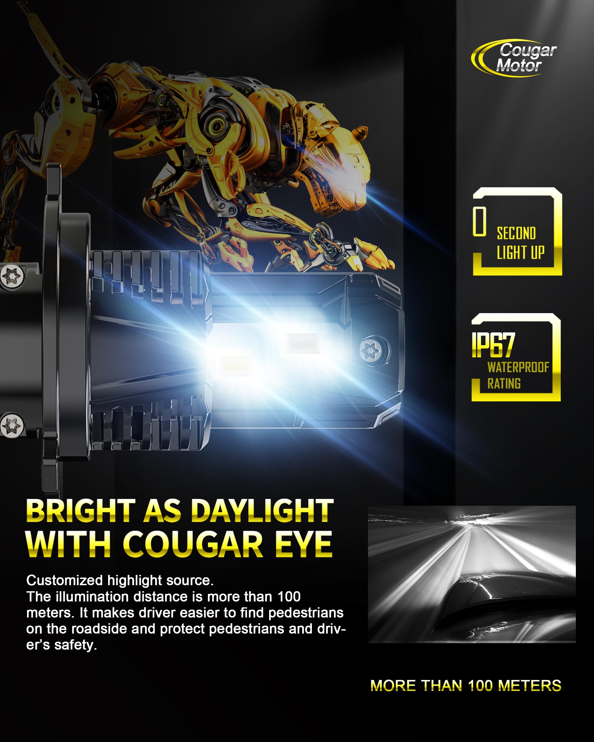 Cougar Motor H4 Fog Light Bulbs, 9003, Wireless, 6500K, Slim, Non-polarity, Pack of 2, White