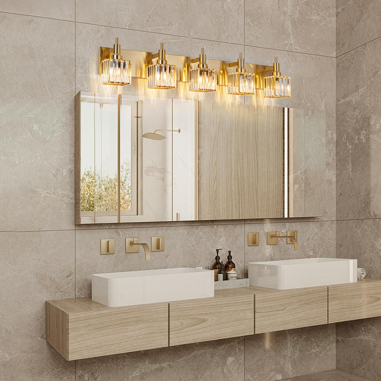 Huoku Gold Bathroom Vanity Lights - 5 Lights Crystal Bathroom Lighting Fixtures Over Mirror Modern Gold Crystal Wall Light