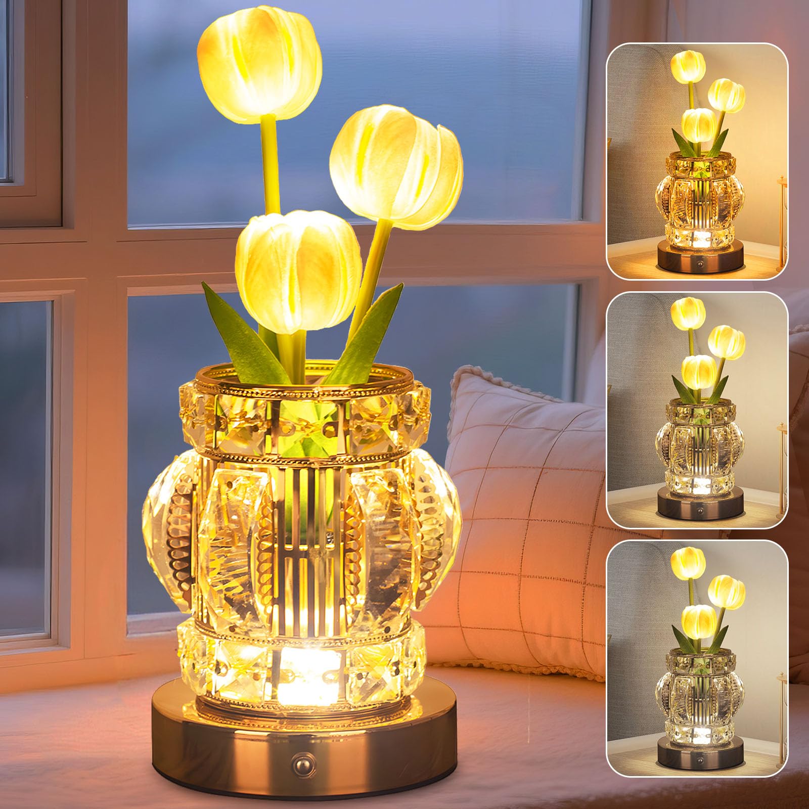 Strackvial Tulip Table Lamp, Rechargeable Cordless Touch Dimming Artificial Tulip Flower Desk Lamp, LED Crystal Lamp Flower Beds