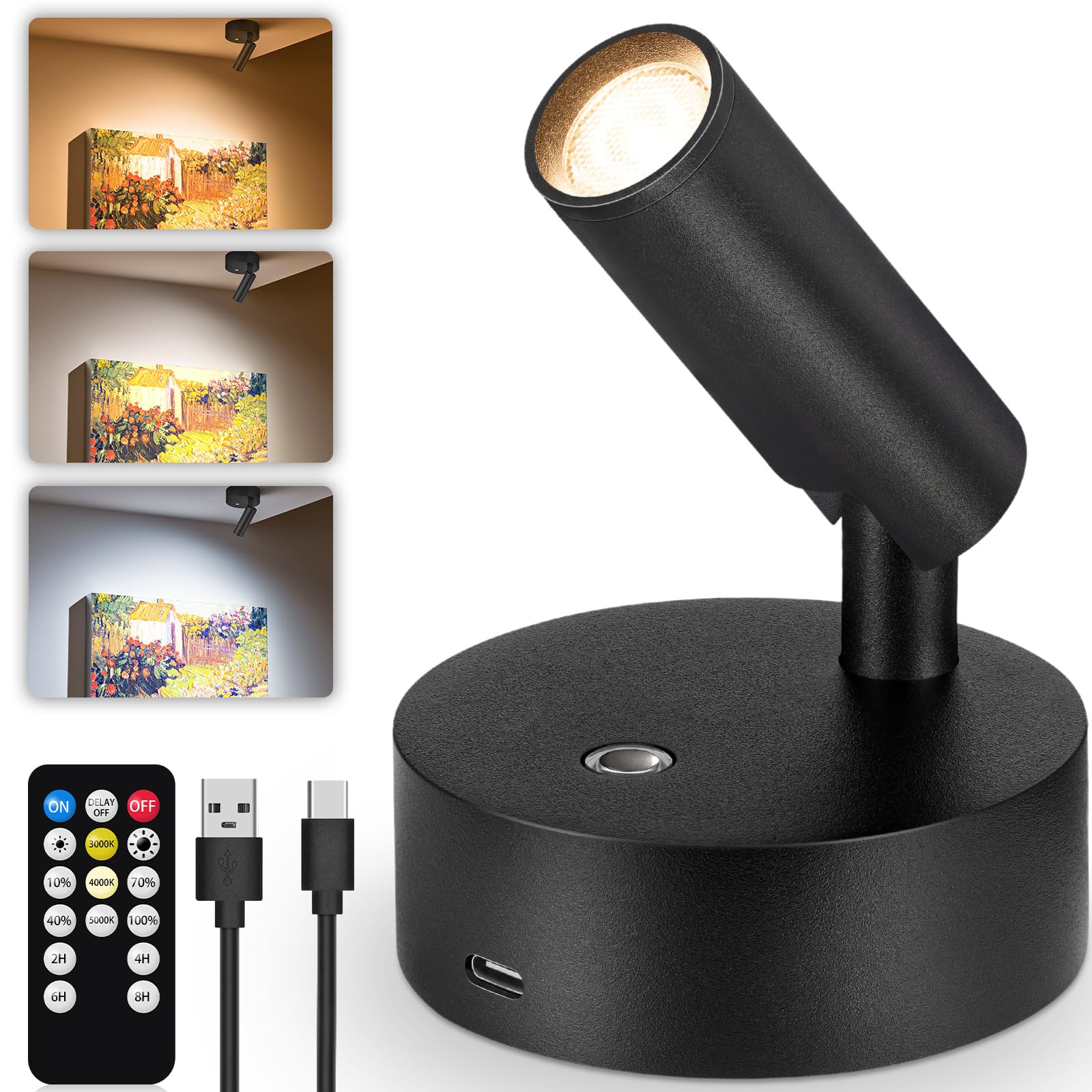 URTOM Wireless LED Spotlight Indoor 3350mAh Rechargeable Battery Operated Spotlights Indoor with Remote 3000K/4000K/5000K Upligh