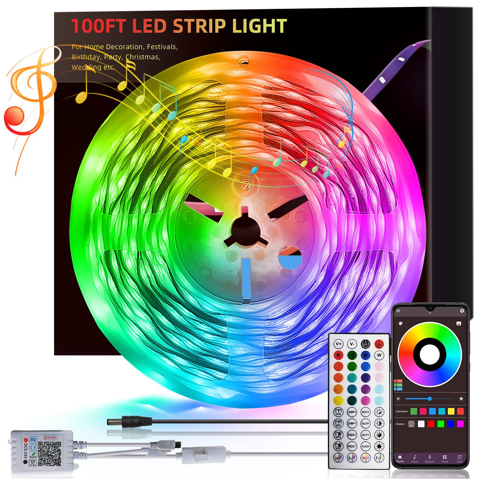 HBOWMDJIA 50ft Led Lights for Bedroom, Led Strip Lights Music Sync Corlor Changing, Led Light Strip with Remote & App Control RGB Strip, Led Lights for Room Dorm Home Classroom Ceiling Decor