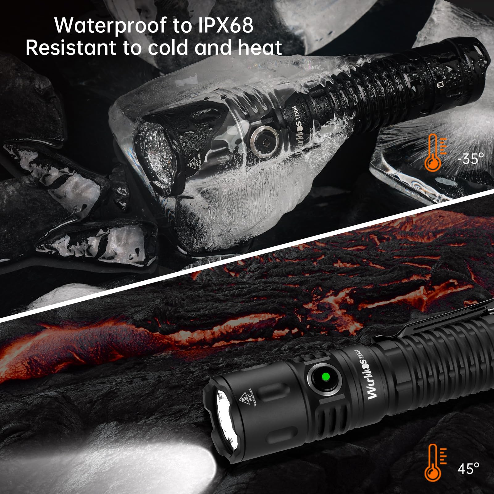 Wurkkos TD04 Tactical Flashlight, 3000 Lumens, Rechargeable, LED, 6061 Aluminum, Black, EDC for Camping & Emergency