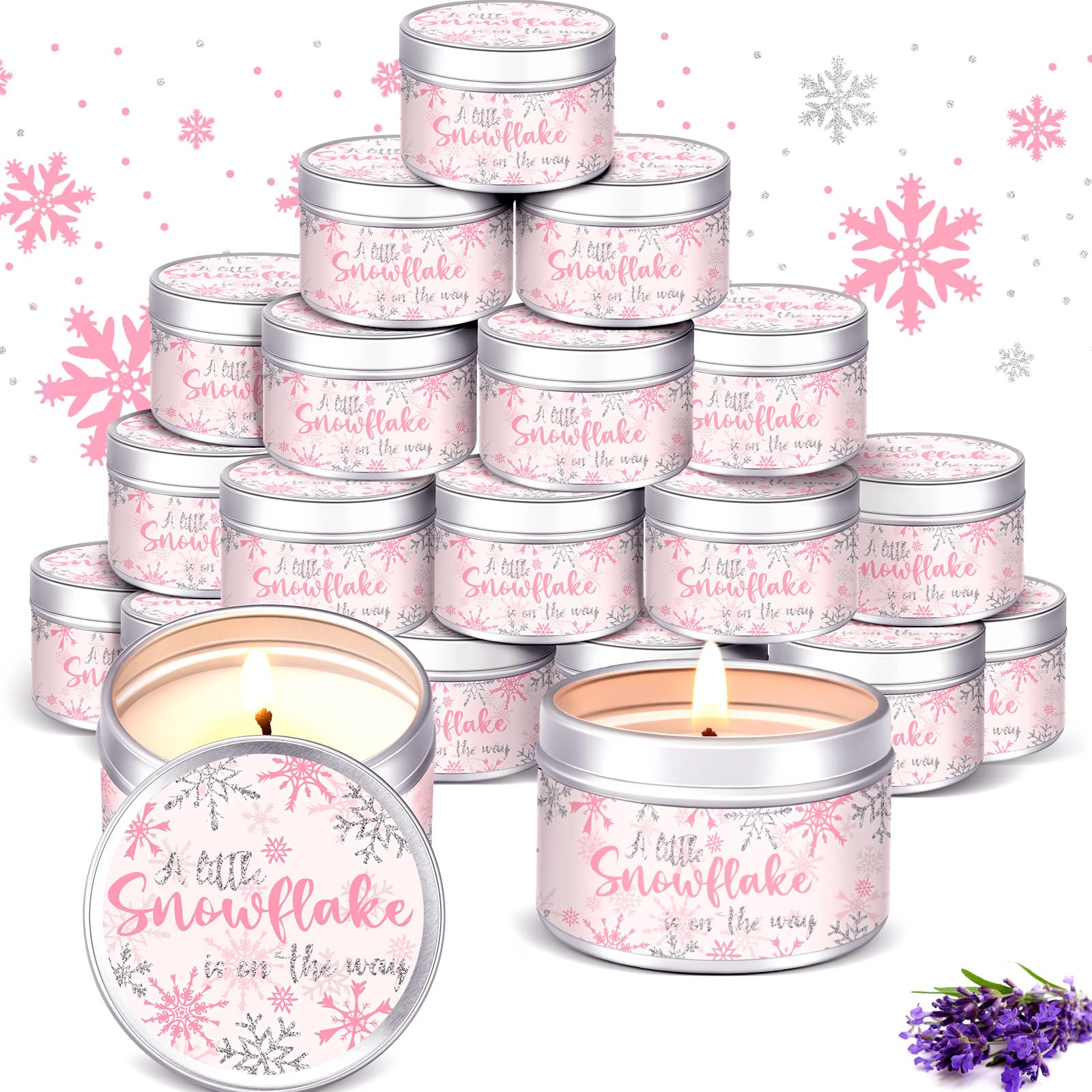 MTLEE 24 Pcs Pink Snowflakes Baby Shower Party Favors Candles Lavender Scented Baby Shower Favors for Guests Rustic Tea Lights C