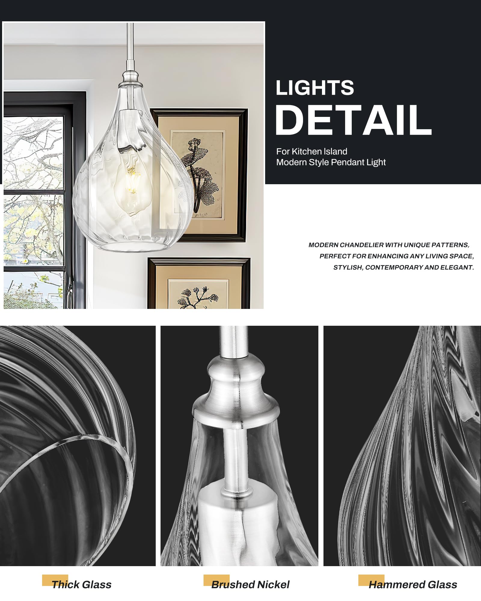 TENGXIN 8 Inch Brushed Nickel Hammered Pendant Light for Kitchen & Dining Room, Model TXPLBN12-L