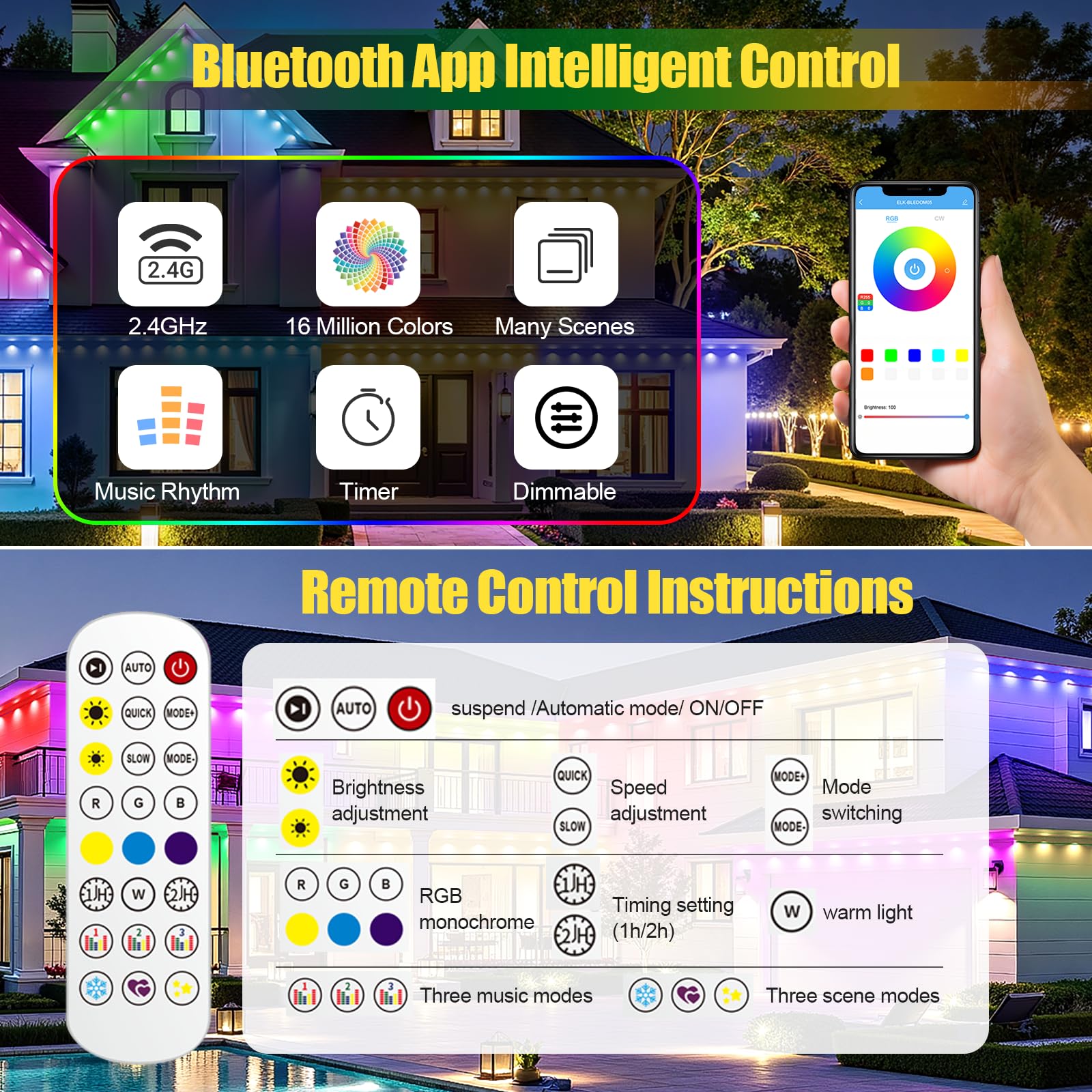 Yolsunes Permanent Outdoor Lights, 200ft RGB+IC, IP67 Waterproof Eaves Lights for Holiday Decor, Remote/App Control, White, Model HCP045