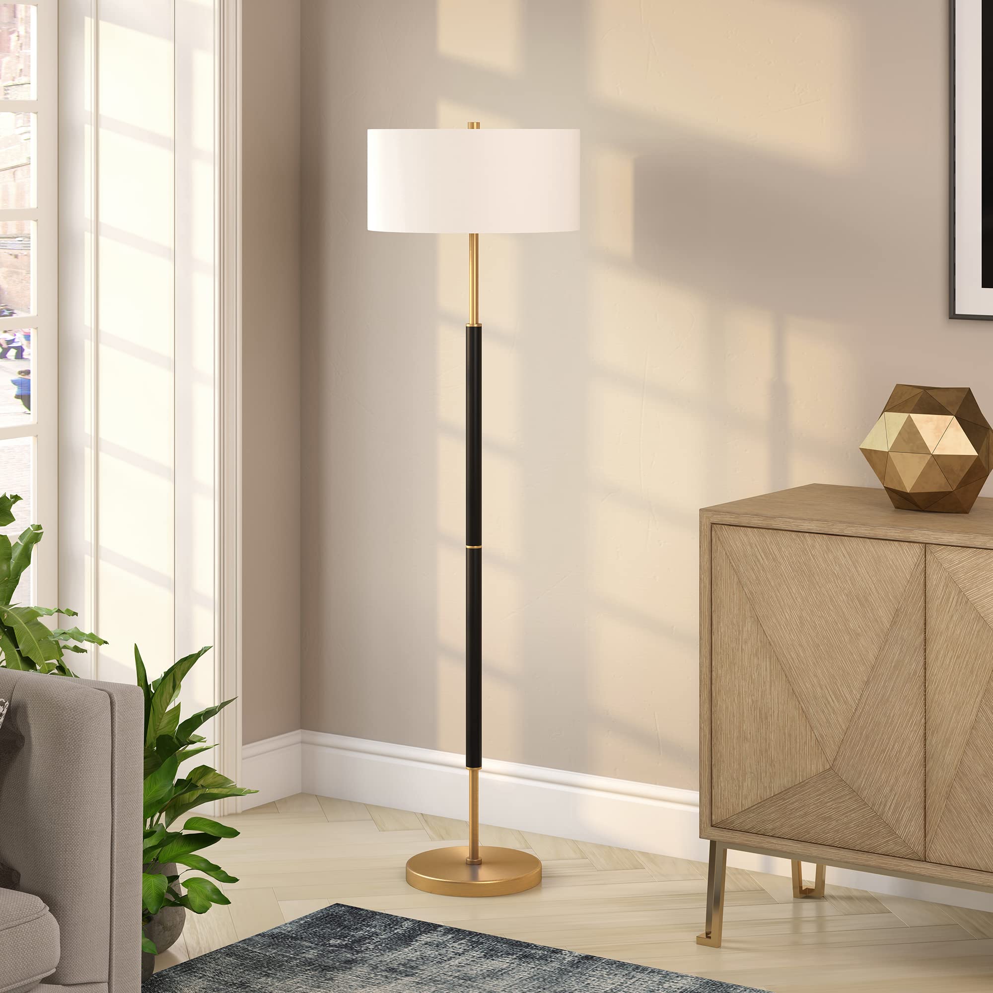 Henn&Hart 2-Light Floor Lamp, Matte Black/Brass Shade, 61&quot; Tall For Home Office & Living Room