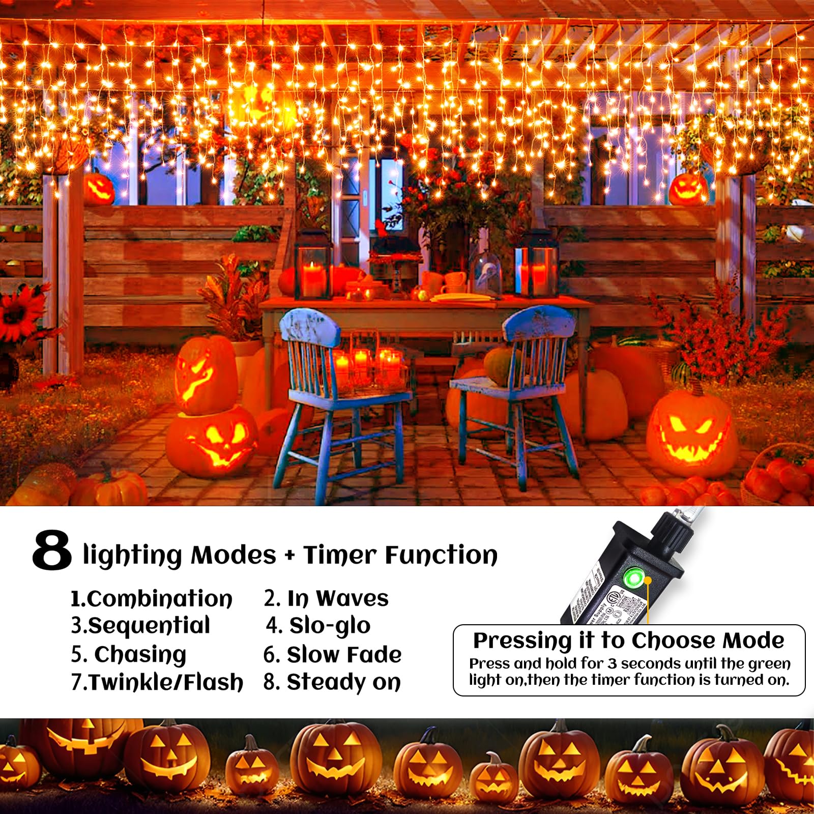 66Ft Icicle Lights For Outside Halloween Decorations, Orange Lights Outdoor Indoor 640 Led Twinkle String Lights With 120 Drops Clear Wire Short Curtain Lights For Room Home Wall Bedroom Decor