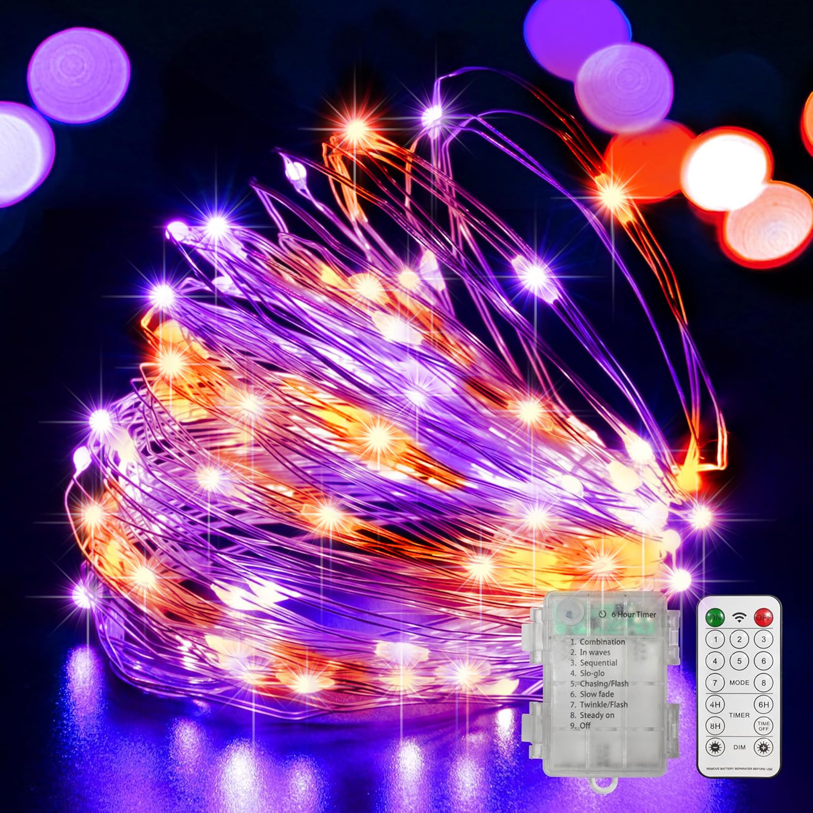 33Ft 100 LED String Lights  Orange & Purple Fairy Lights Battery Operated with Remote  Waterproof Twinkle Lights for Home Party Ghost Haunted House Indoor Outdoor Halloween Decorations