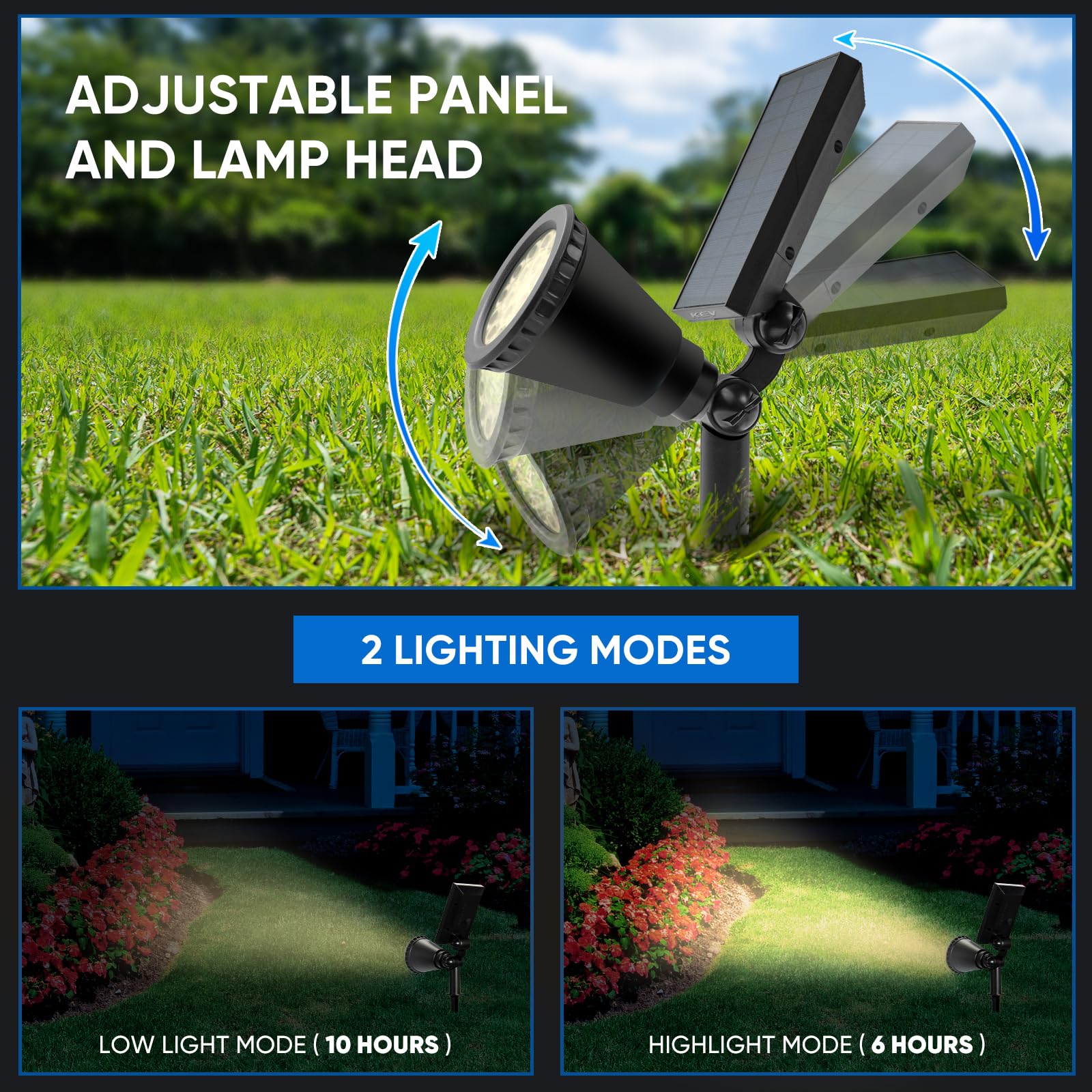 KEV 800 Lumens Solar Spot Lights, 4 Pack, IPX65 Waterproof, Adjustable Modes, Warm White, Model KEV-08 for Driveway/Patio/Garage