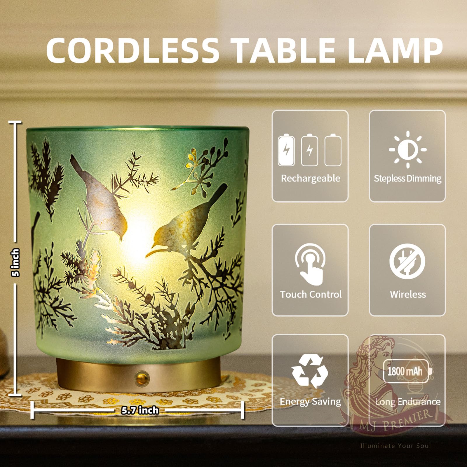 Mj Premier Cordless Rechargeable Glass Table Lamp - Touch Control Dimmable Portable Accent Light