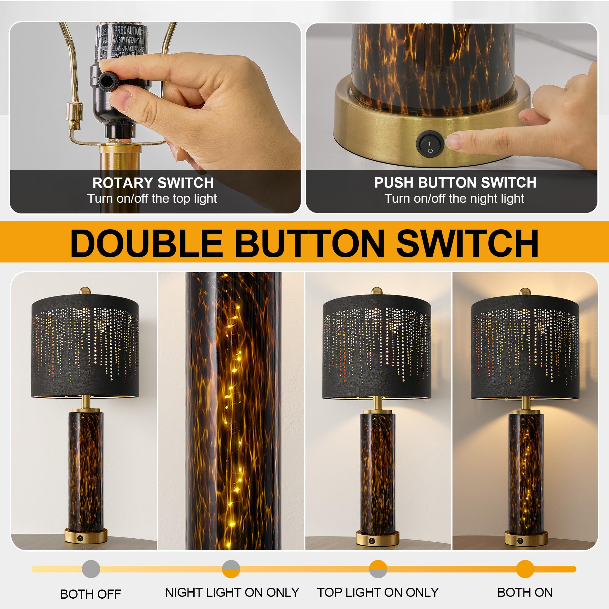 Oneach Modern Table Lamps Set of 2, 27.75" Gold Leopard Glass, USB A+C, Black Crystal Shade, Model AMZ-T1223GL-U