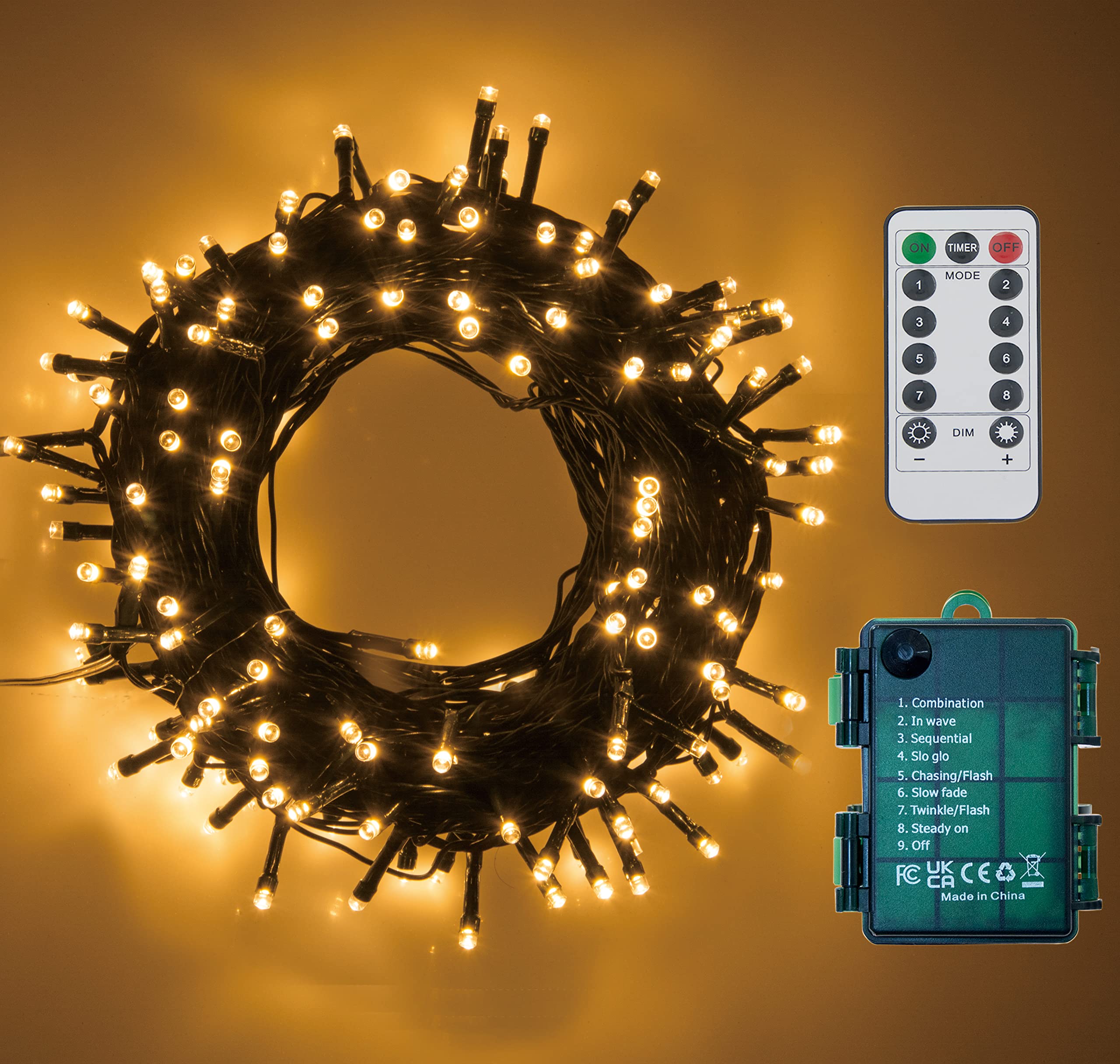 GHJ 200 LEDs Battery Operated Christmas Lights, Dark Green Cable, Waterproof Indoor/Outdoor, Remote Control, Model BDB-200-L