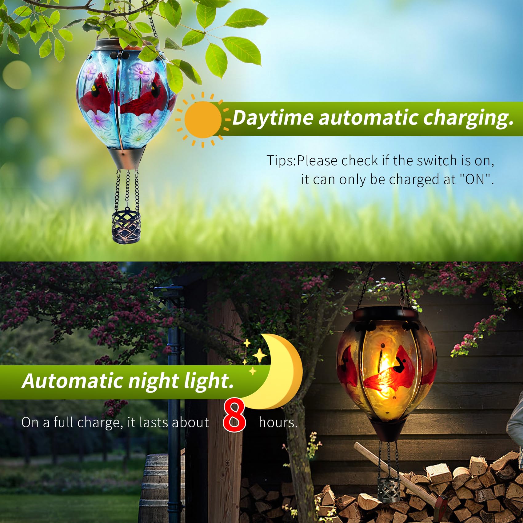 teyigarden Solar Lantern Glass Hot Air Balloon Flickering Light Waterproof Cardinal