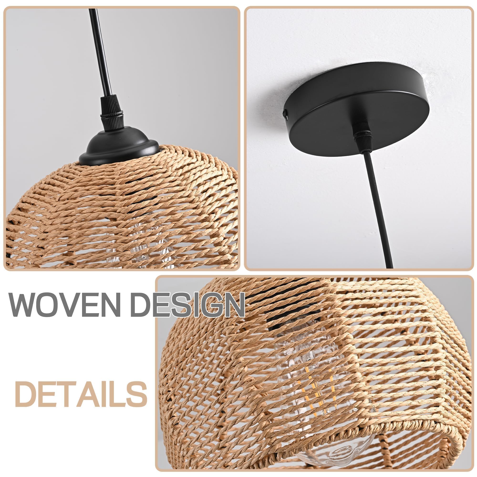 Ayshwilldec 3-Pack Natural Woven Wicker Pendant Lights, Boho Chandelier For Dining Room & Kitchen