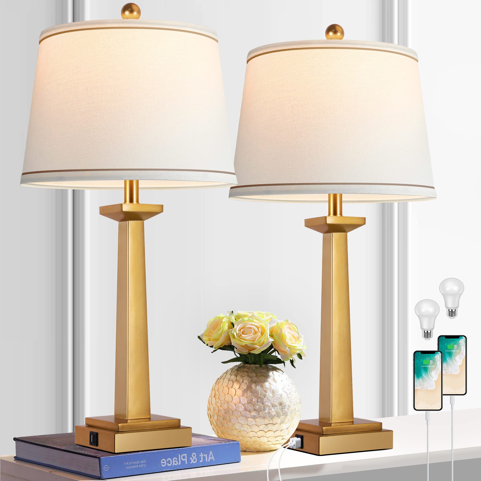 Rottogoon 29&quot; Gold Table Lamps Set Of 2, Modern Nightstand Lamps With Usb Charging, Led Included