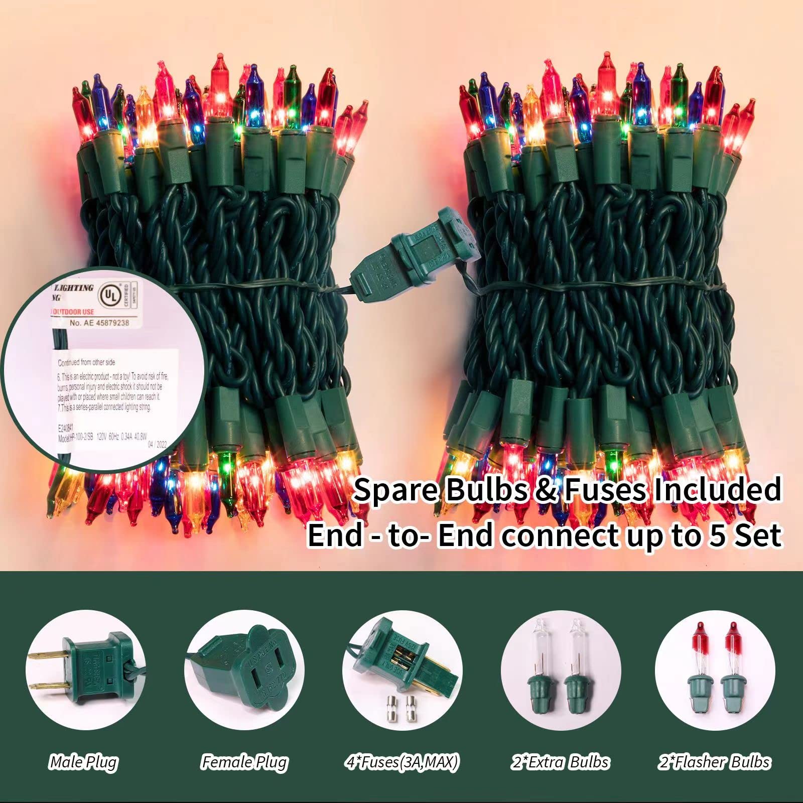 Lamphome Super-Bright Extendable Multi Christmas Lights Decoration 100Lights 19.6Ft Ul Certified Mini Bulb String Lights Set For Outdoor Christmas Tree Garden Holiday Party Patio Wedding Garland Decor