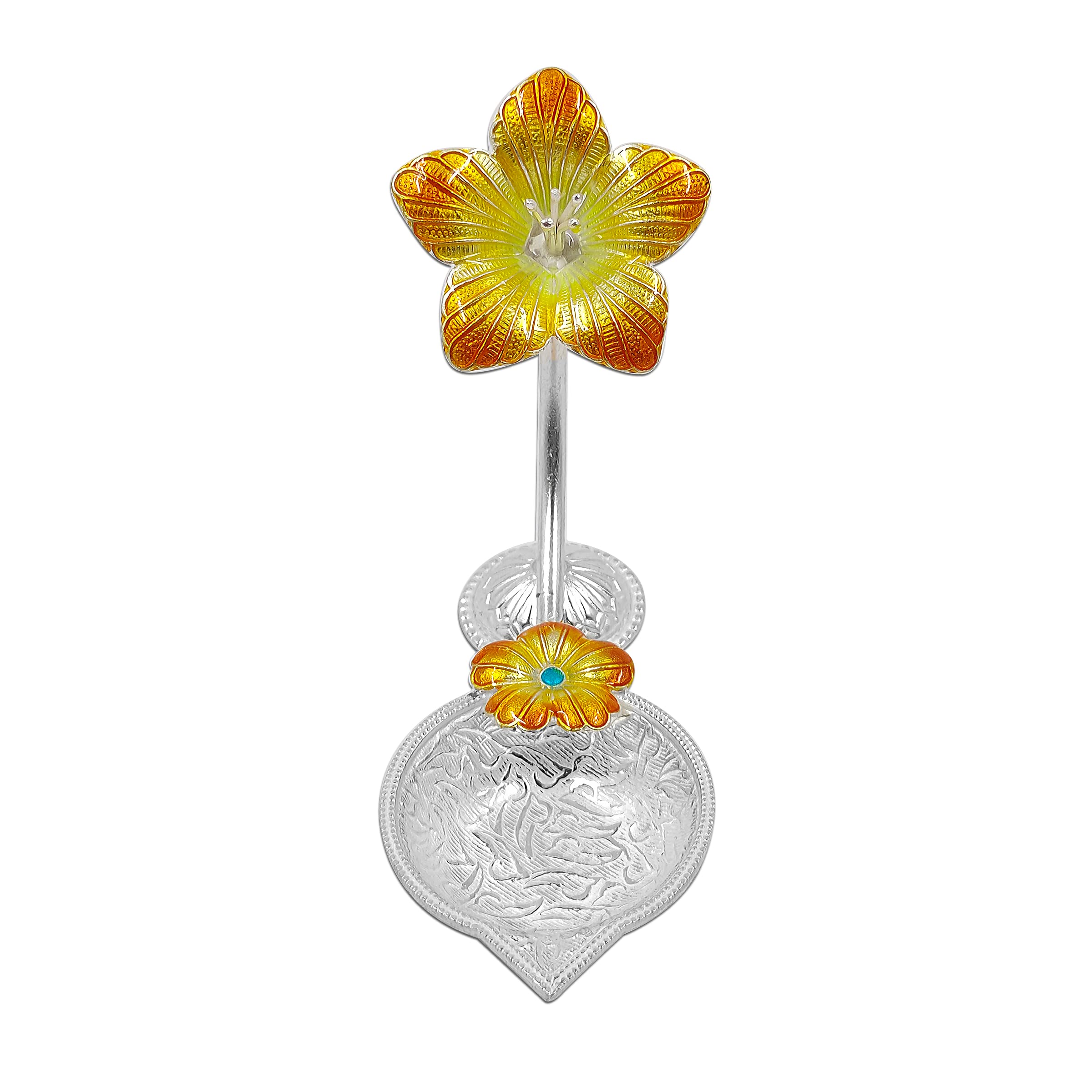 MAA SILVER Pure Silver Diya/Lamp/Deepak with Yellow Hibiscus/Jaswanti Flower Design Perfect for Gift and Pooja Use (65 Purity)(1
