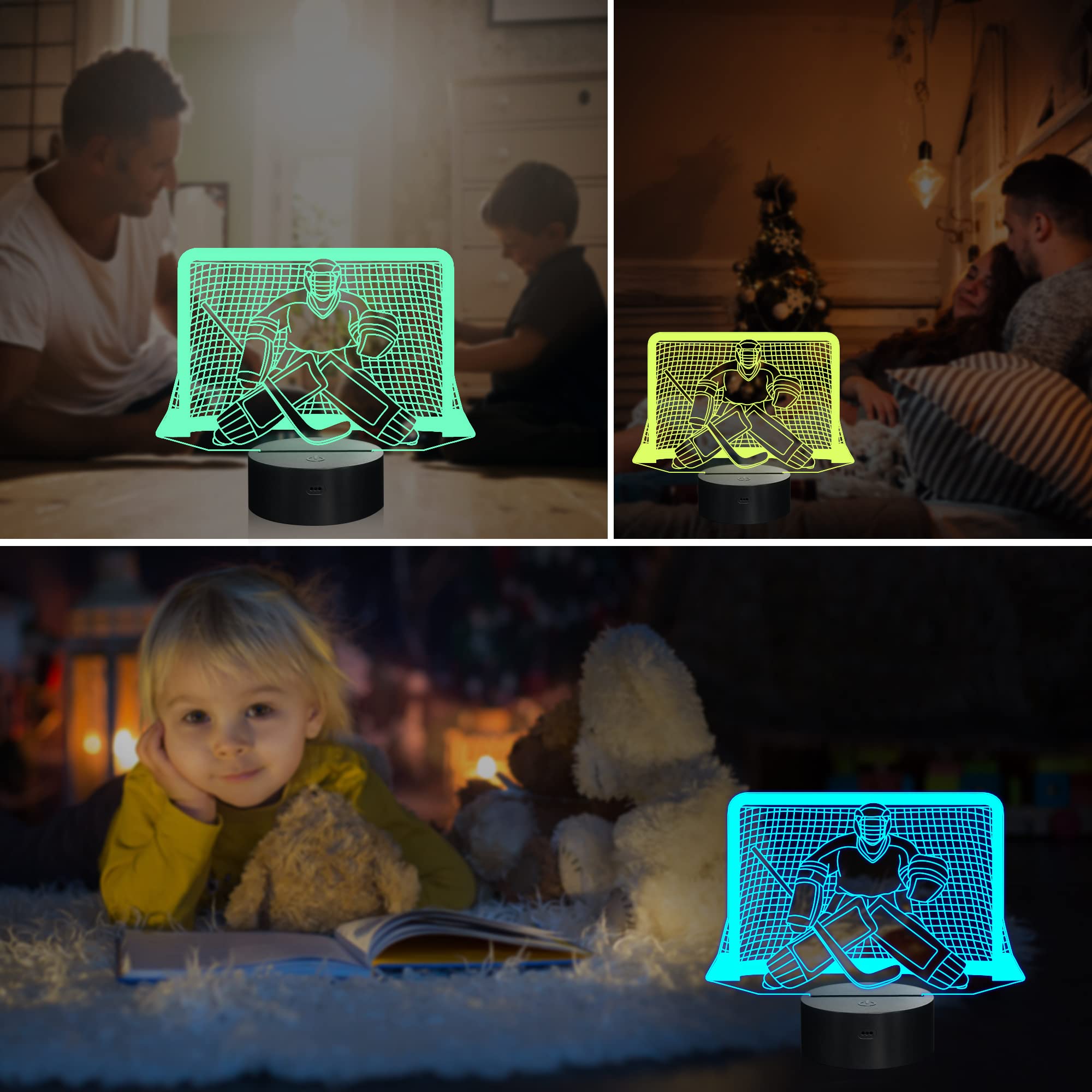 Ammonite Ice Hockey Night Light, Hockey Goalie 3D lamp 16 Color Changing with Remote Control and Timer, Mens Ice Hockey Decor Li