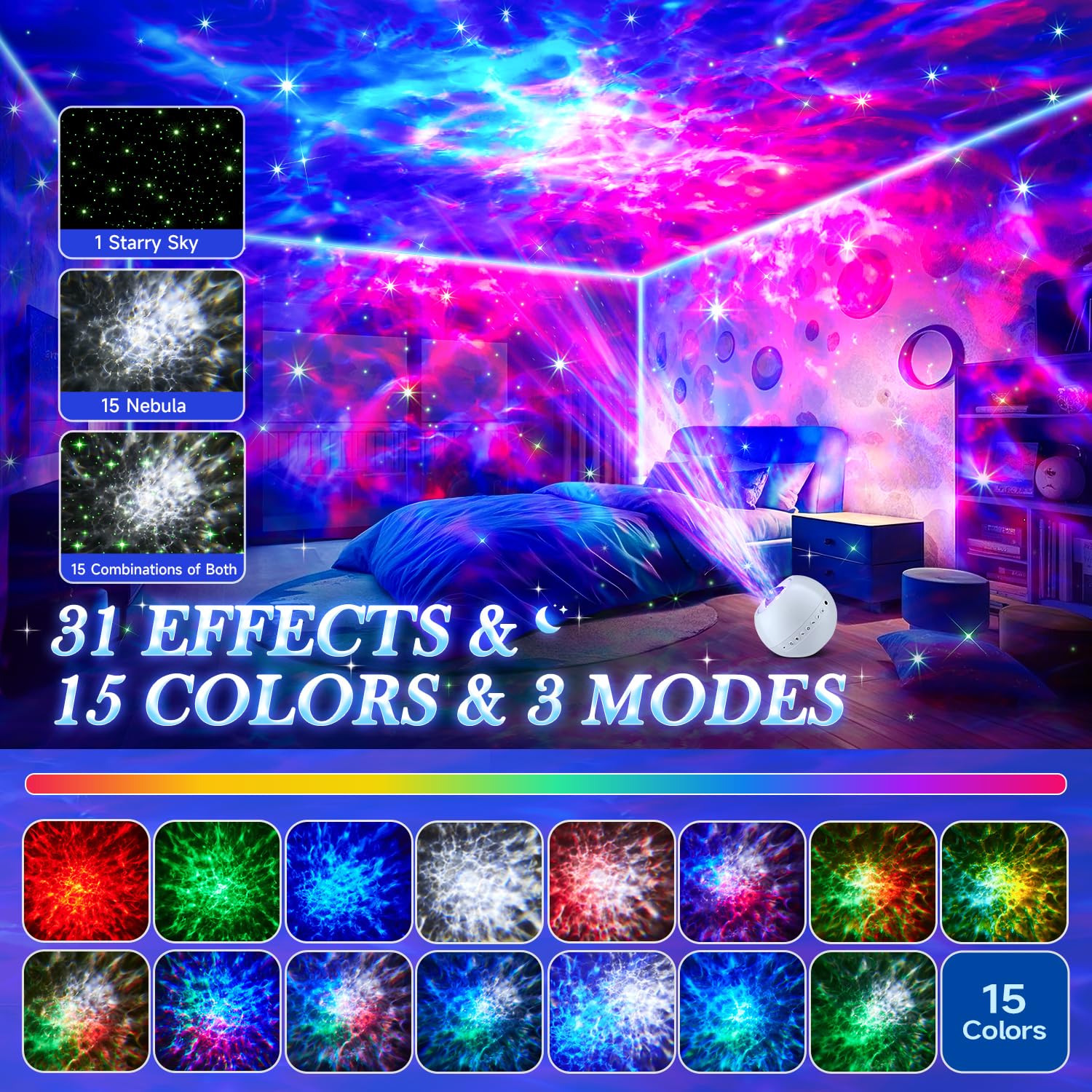 Star Projector, 15 Colors Galaxy Projector For Bedroom, 15 White Noise Star Projector Galaxy Light Projector For Bedroom, Blueto
