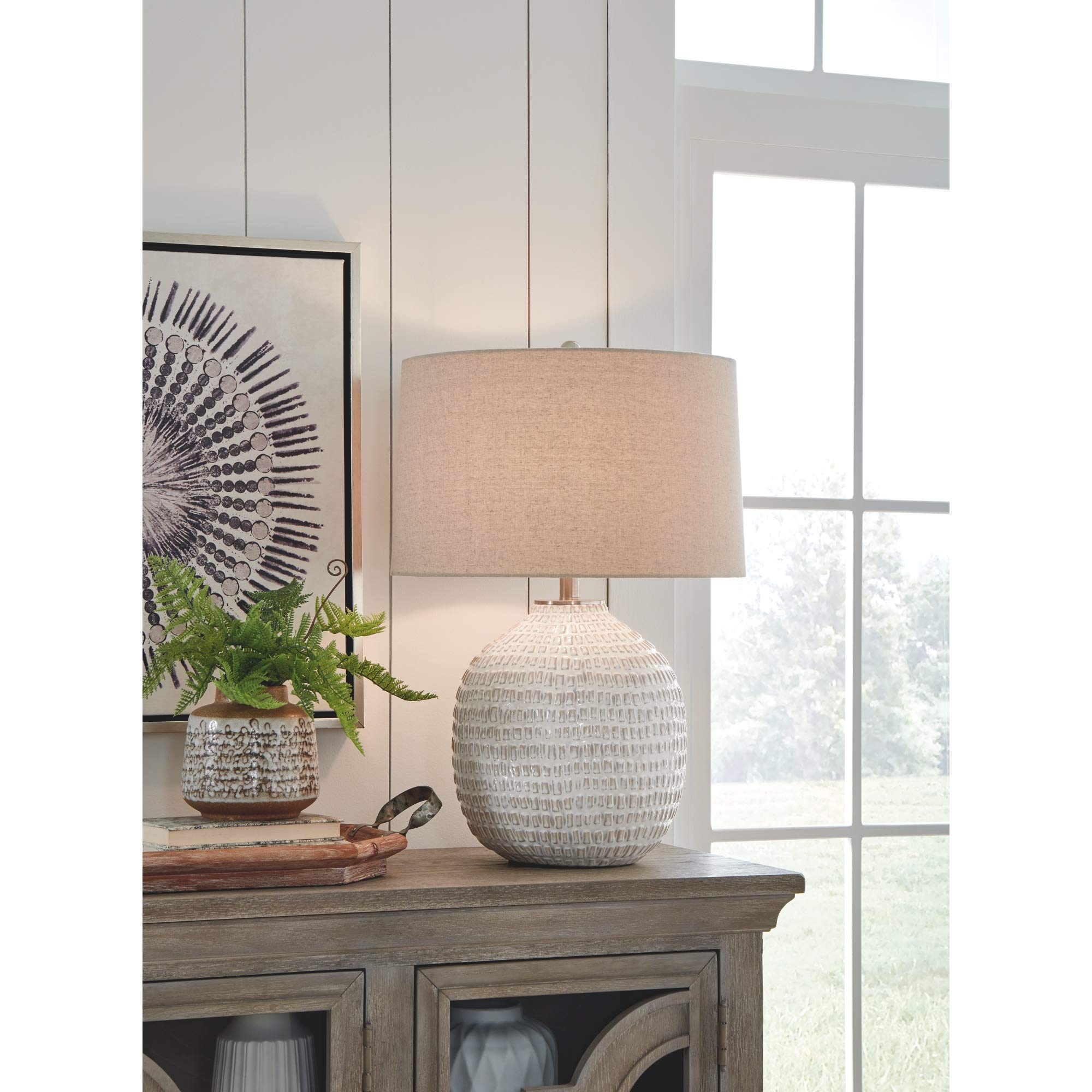 Signature Design by Ashley Ceramic Table Lamp, 26in Round, Textured, Beige, Model L100764