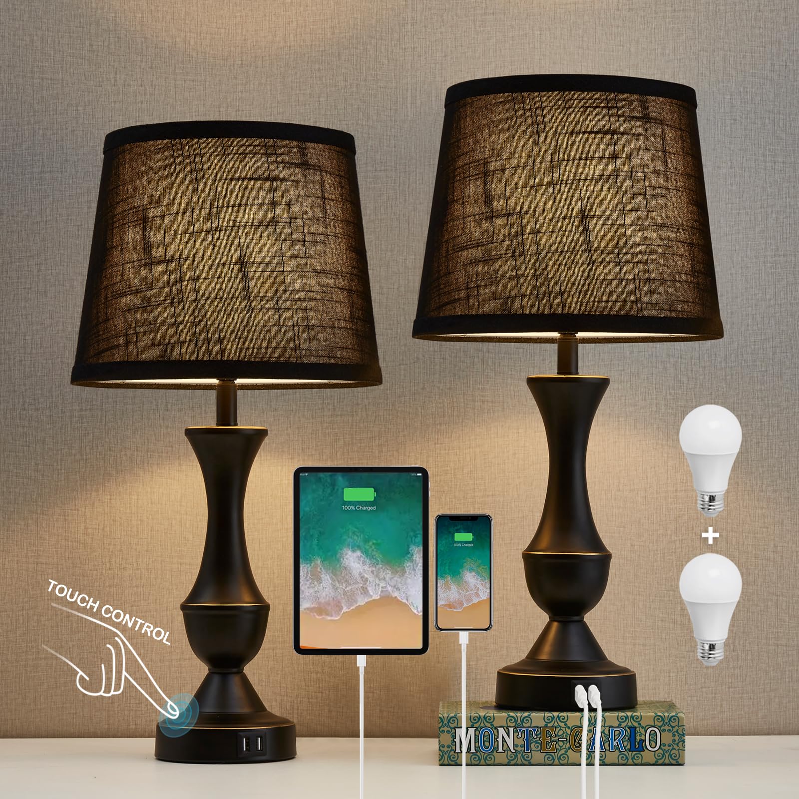 Luvkczc Black Touch Table Lamps Set Of 2, 22 Tall, Usb Charging Ports, Metal, Led Bulb Included