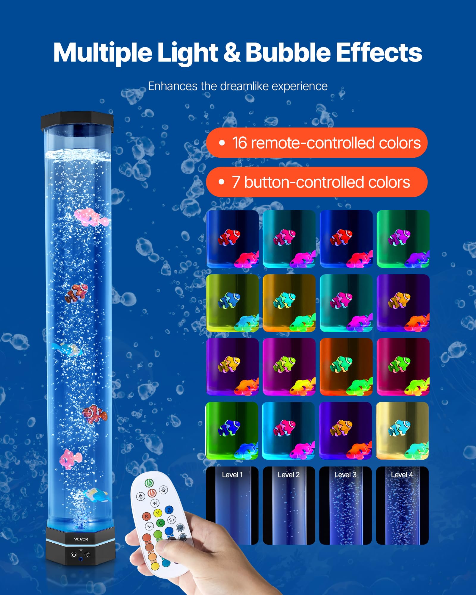 VEVOR Sensory Bubble Tube Lamp, 3.3 ft Bubble Fish Tube, Sensory Aquarium Lamp with 10 Floating Fish & 16 Color Effects, Remote