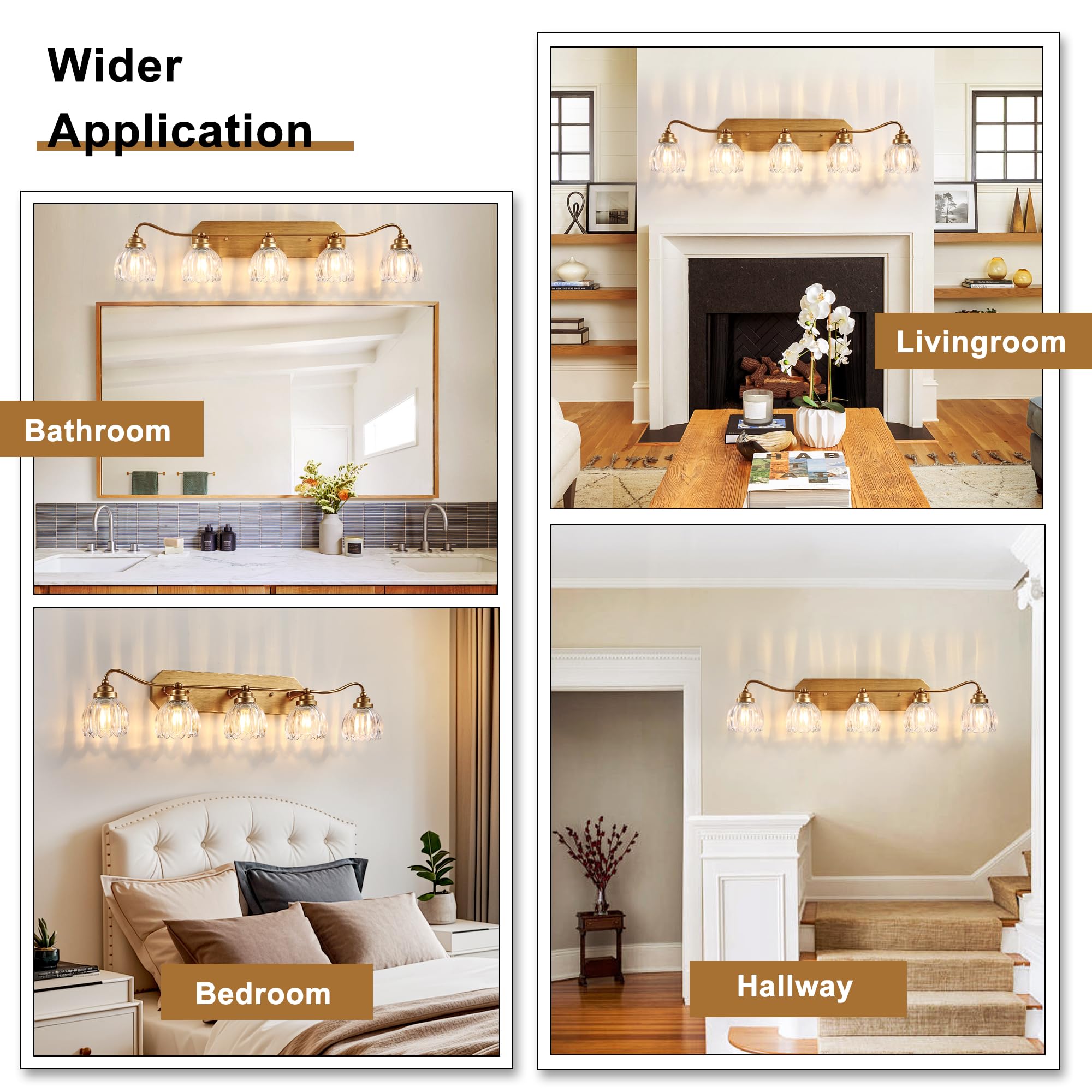 CmnVmn Vintage Bathroom Light Fixtures, 5-Light Gold Vanity Light with Crystal Glass Shade, Matte Antique Brass Finish, Model C5016