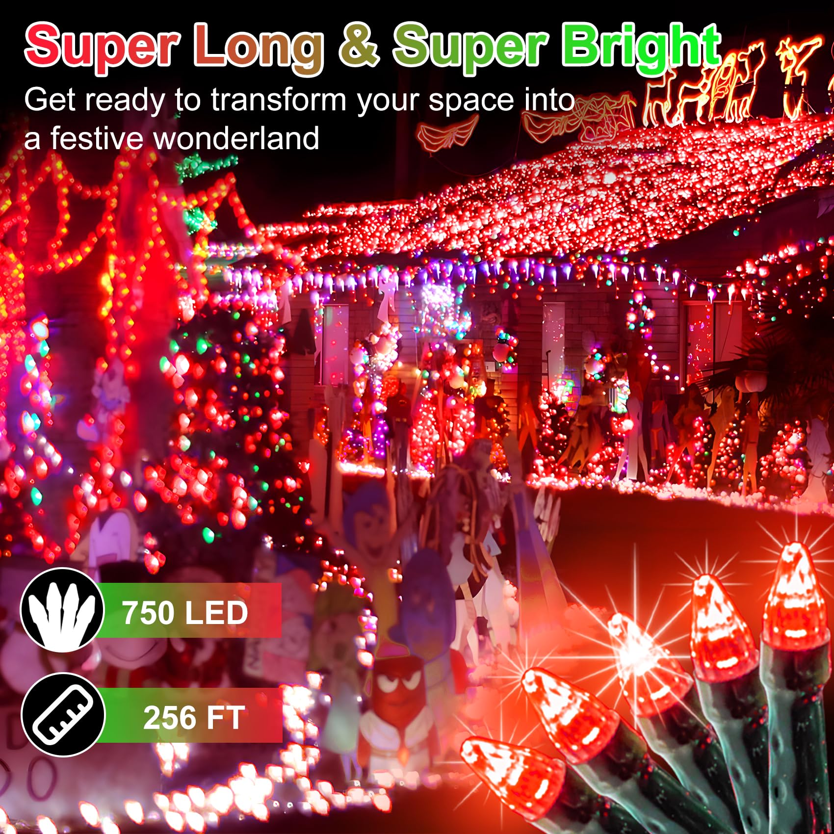 WUXYIYANG 750 LED Outdoor Christmas Lights, Waterproof Dark Green Wire, 256ft, 8 Modes Timer, Fairy Light Strings for Holiday Decor