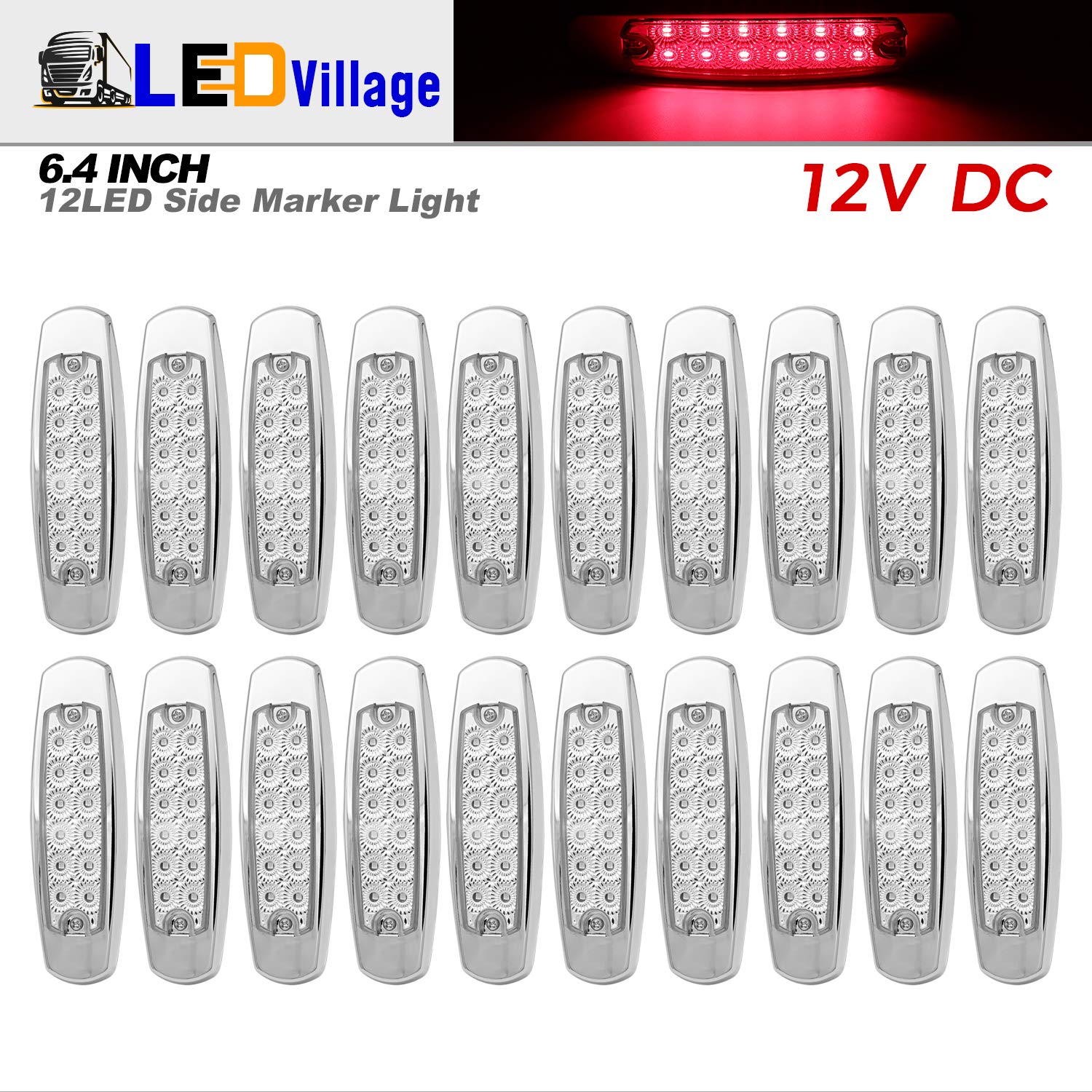 Ledvillage 20X 12V Dc Rectangle 6.4 Inch Clear Lens Red Super Bright Led 12 Smd Clearance Lamp Flush Mount Side Maker Lights Chr