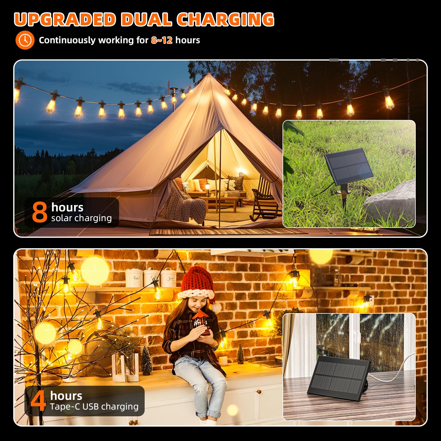 Kawaya Solar Powered String Lights - 100 FT LED, Black, IP65 Waterproof, 50+2 Shatterproof Bulbs, Model YAST38-100F
