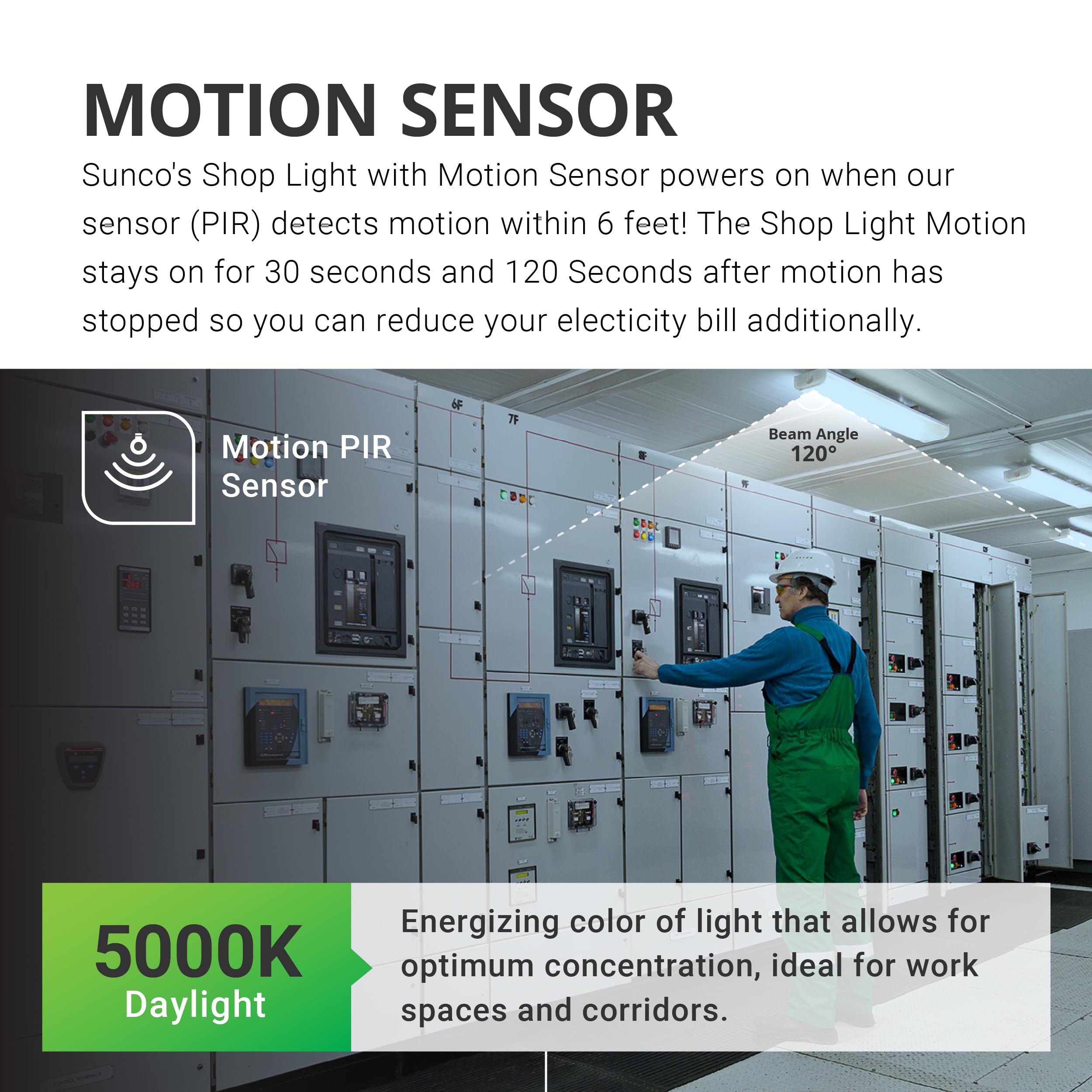 Sunco Motion Sensor 4Ft Led Shop Light, Garage Lights Ceiling Led Plug-In Fixtures, 40W, 5000K Daylight, 4300 Lumens, Frosted, M