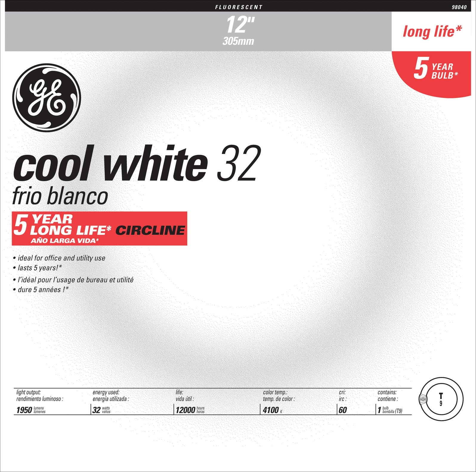 Ge Lighting Fc12 T9 Garage & Basement Circline Fluorescent Light Bulb, Cool White Finish, 32-Watt, 1950 Lumen, 12-Inch Circular Diameter, 1-Pack