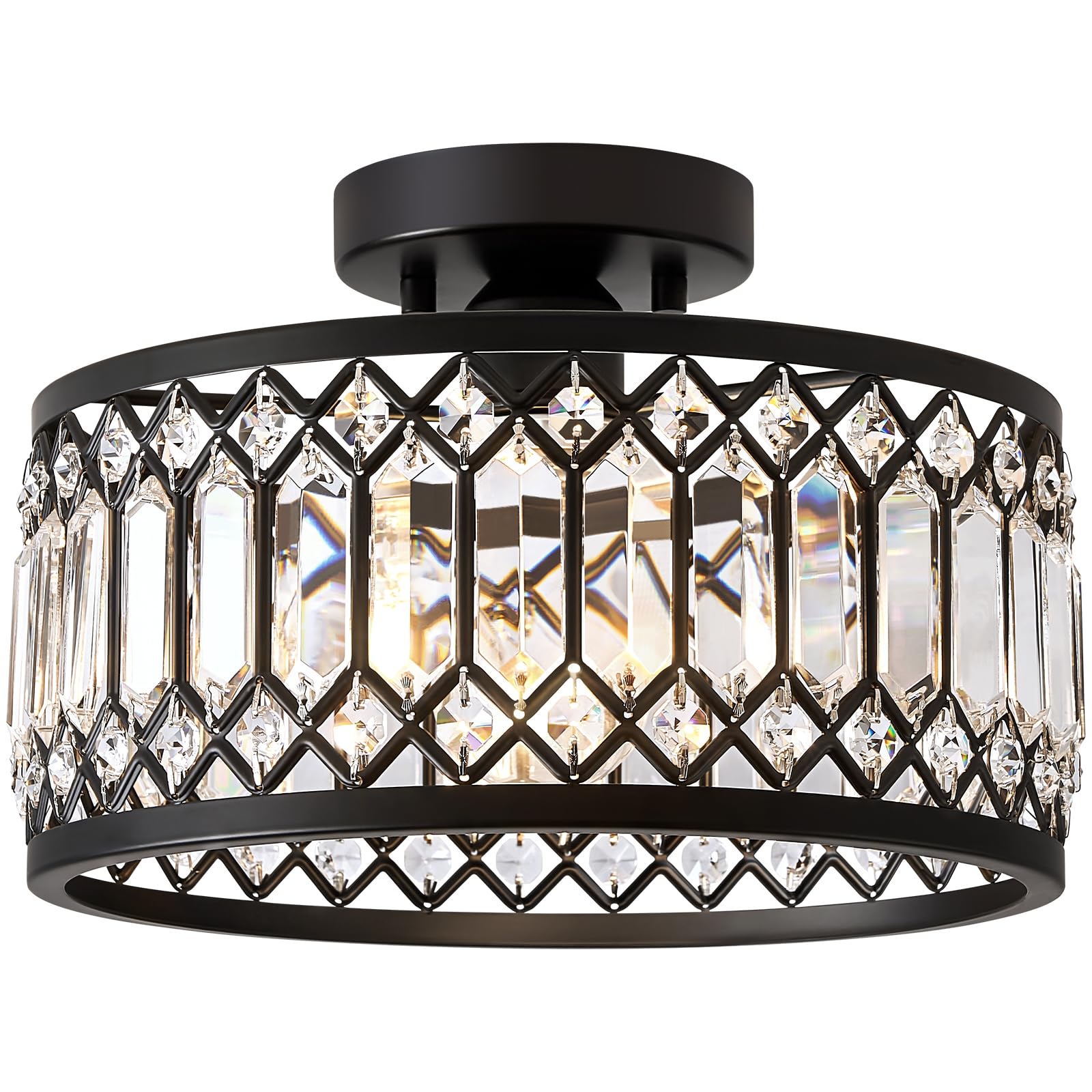 Yurnyq Crystal Ceiling Light Fixture, Modern Semi Flush Mount Ceiling Light, Black Lighting Fixtures Lamp For Hallway, Kitchen, 