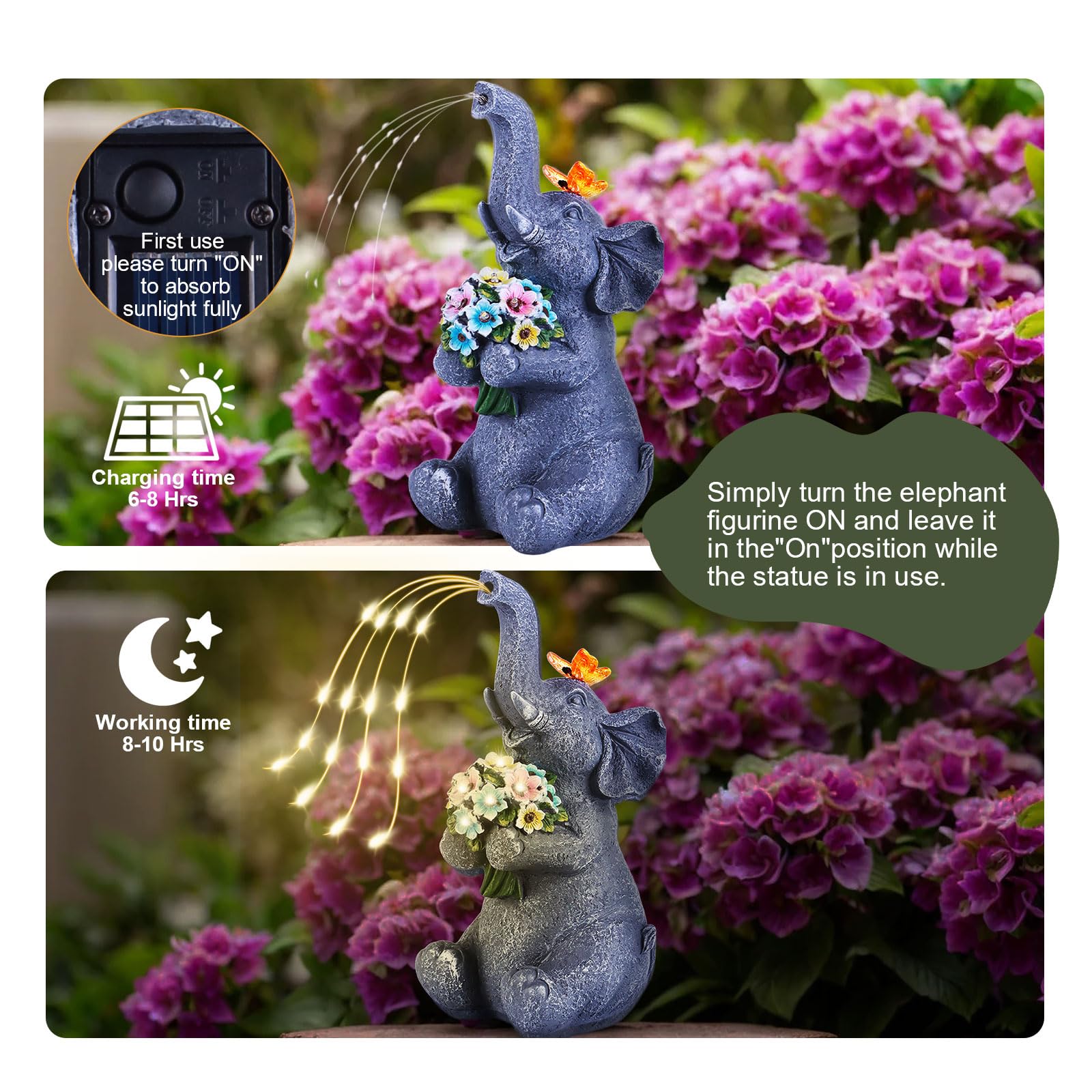Chlinhuoho Solar Garden Elephant  Lights Watering Decor  Animal Statue Outdoor  Fairy Garden Accessories Patio Yard Balcony Decorations  Lawn Ornament  Housewarming  Birthday Mothers Day Mom Gifts